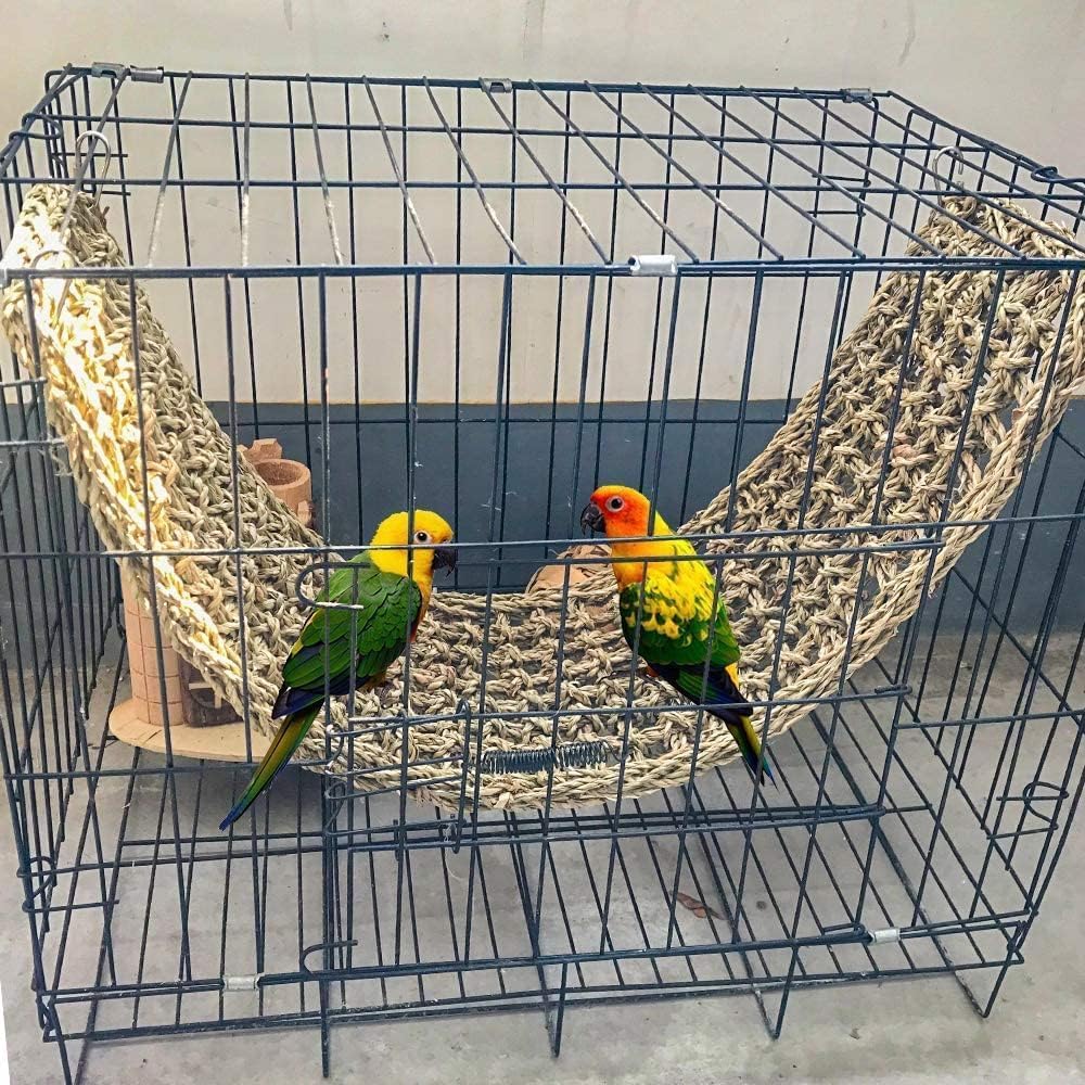 2Pcs Bird Seagrass Mat 29.5  7'' Natural Grass Woven Net Hammock With Hooks Climbing Rope Ladder Chew Toys Hanging On Parrot Cag