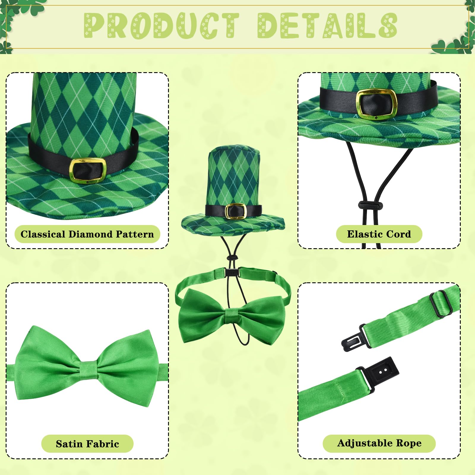 Vehomy 4Pcs St Patrick'S Day Dog Hat Collar And Bandana Costumes Buffalo Plaid Dog Hats Cotton Dog Shamrock Scarf Bowtie Irish H