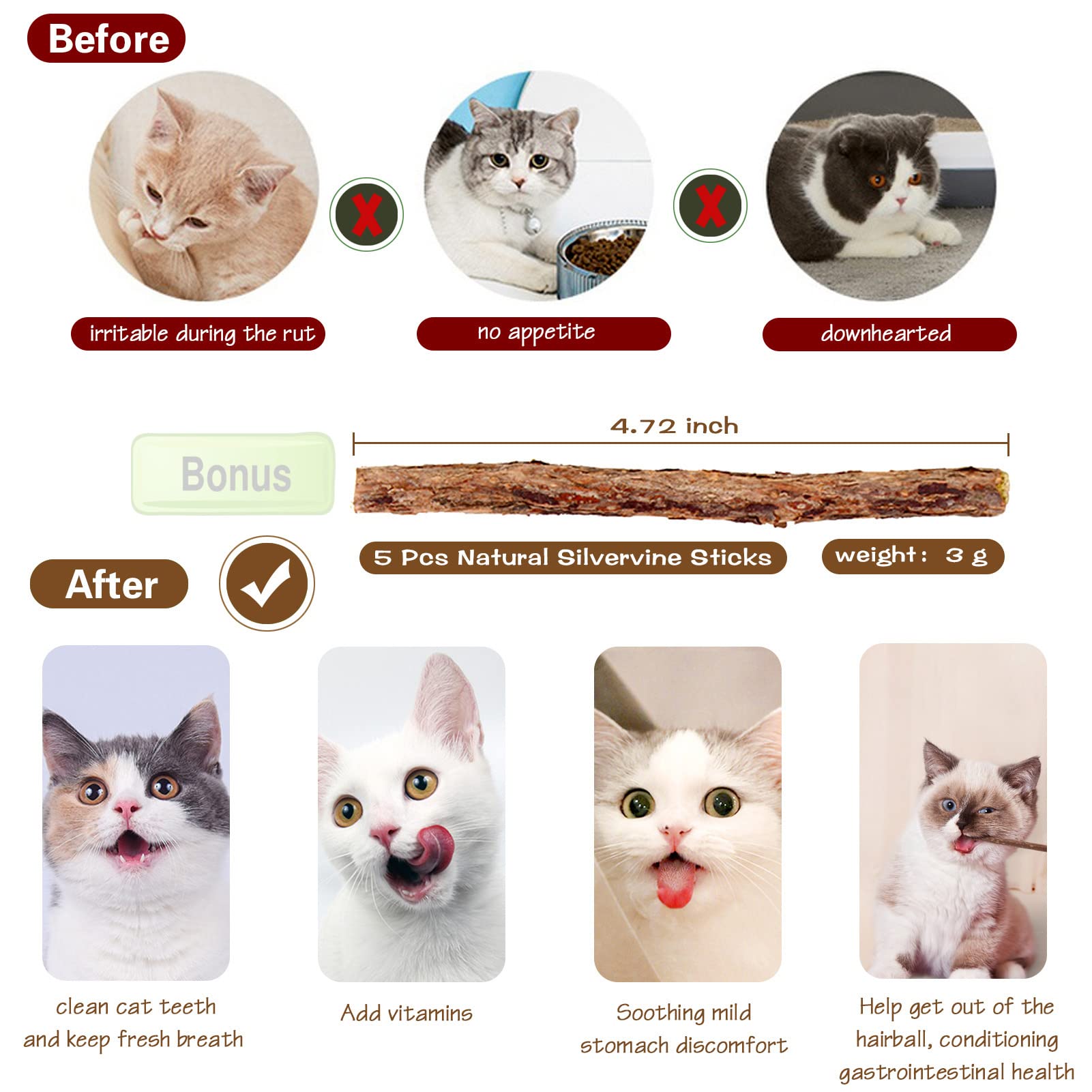 Natural Wood Cat Wand Toy With Ribbon Fish Teaser - 3Pcs, 16 Inch, Indoor Cat Exerciser & Playing Kitten Toy, Bonus 5Pcs Catnip