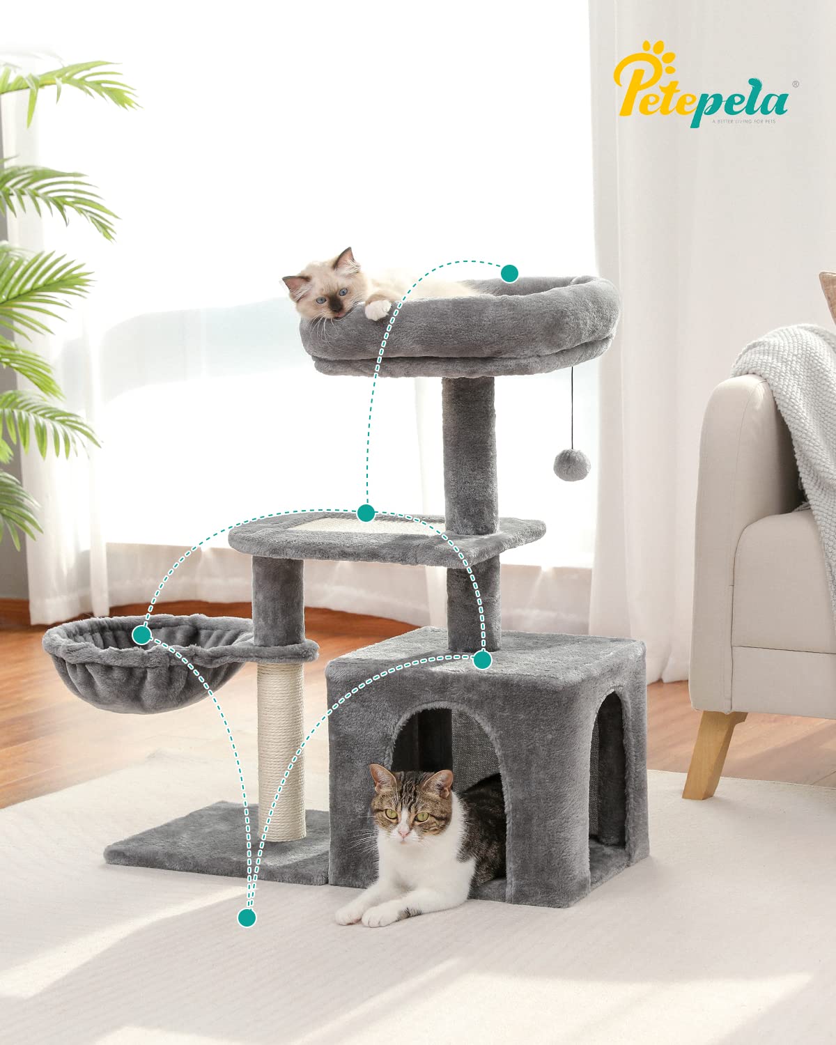 Petepela Cat Tree For Small Indoor Cats, Plush Cat Tower With Large Cat Condo, Deep Hammock And Sisal Cat Scratching Post For Ki