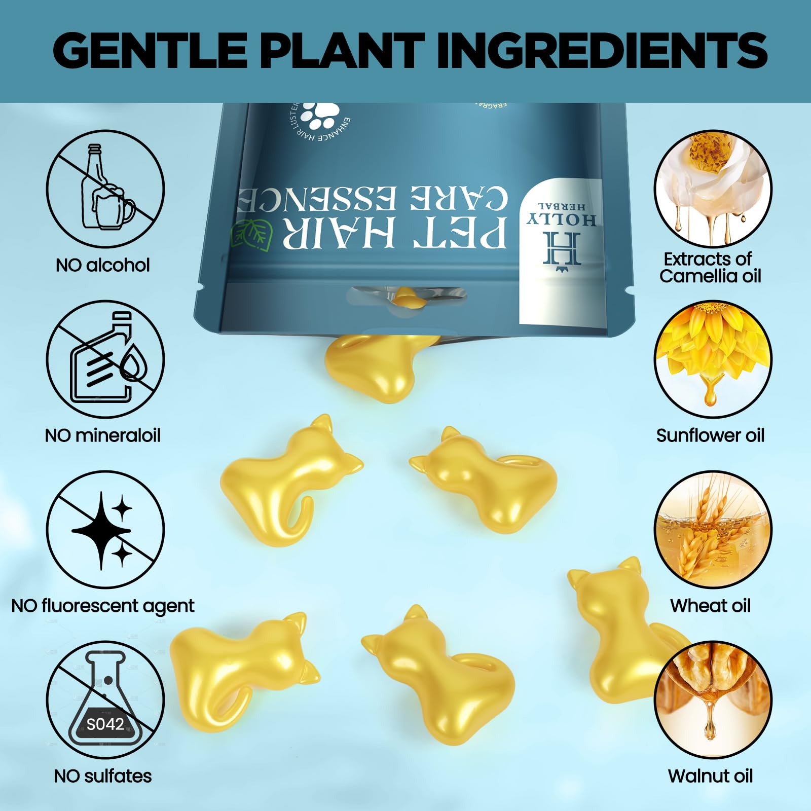 H HOLLY HERBAL Pet Fur Care Oil - Deeply Strengthening Dog Conditioner Spray with Jojoba, Camellia & Castor Oils - 15 Capsules, Gold