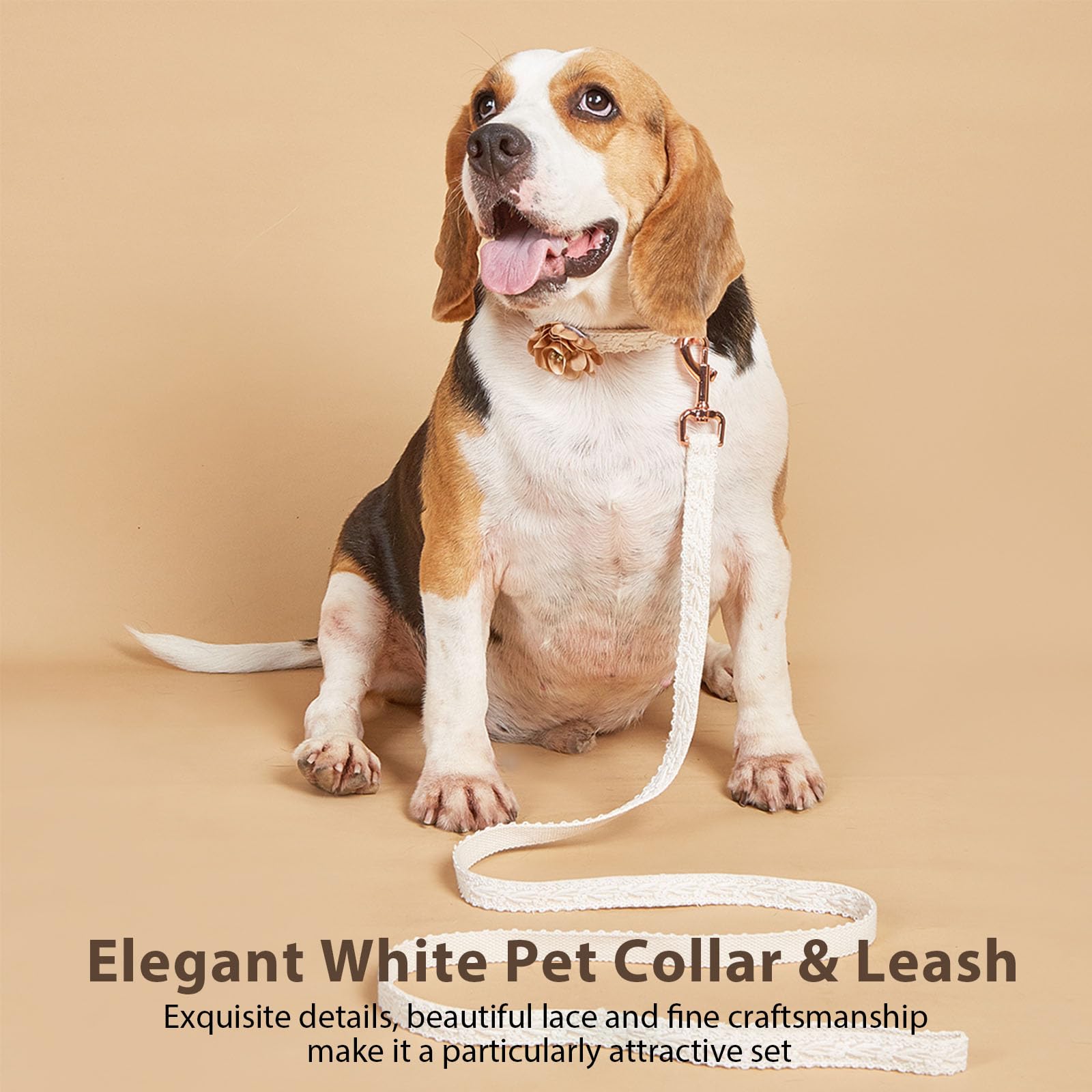 Hqrea Beige Dog Collar And Leash Set Adjustable Lace Dog Collar For Large Dogs With Flowers & Rose Gold Metal Clasp For Pet Wedd