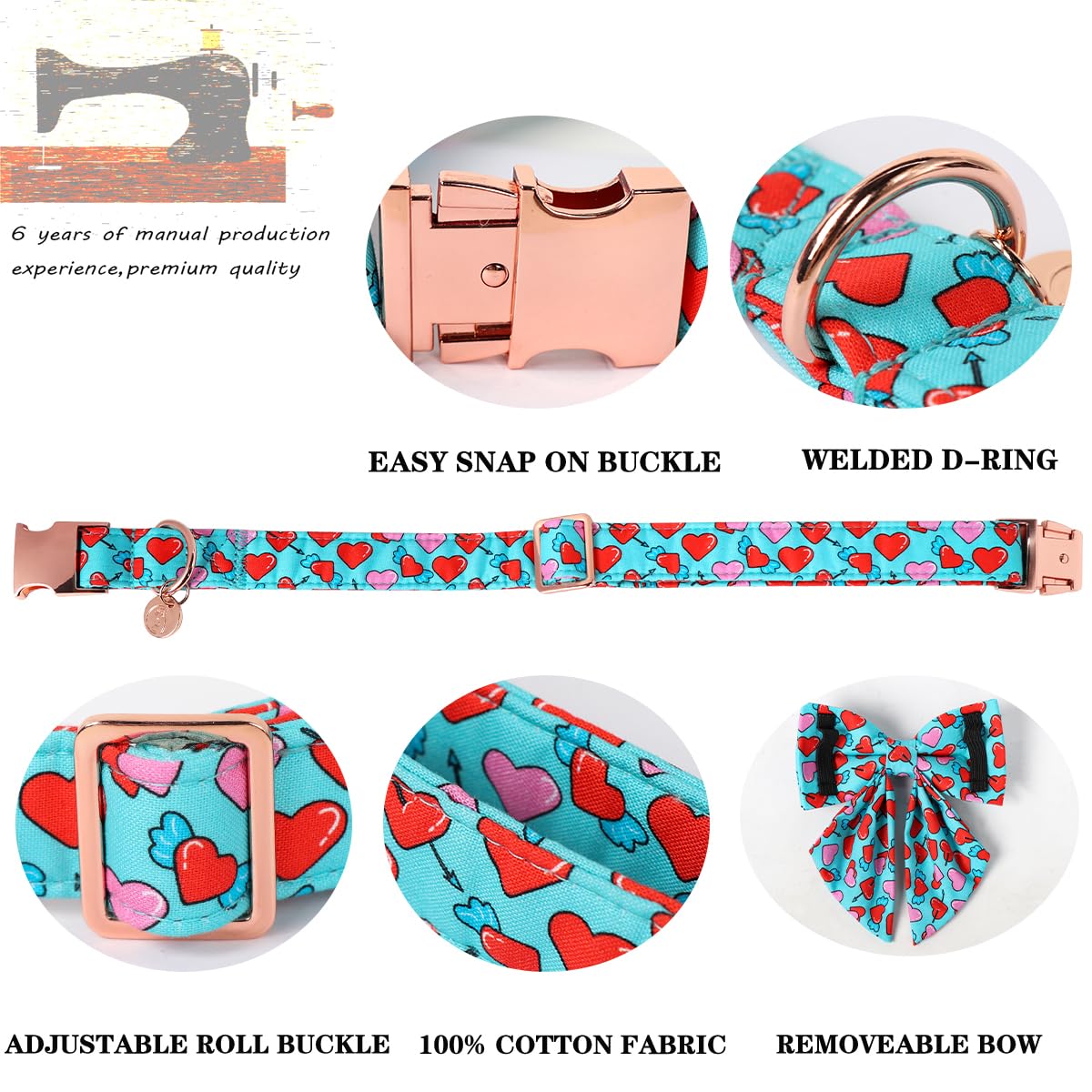 Dogwong Valentine Dog Collar With Bow, Blue Heart Dog Collar Durable Soft Cotton Pet Dog Collar Cute Heart Valentines Day Puppy