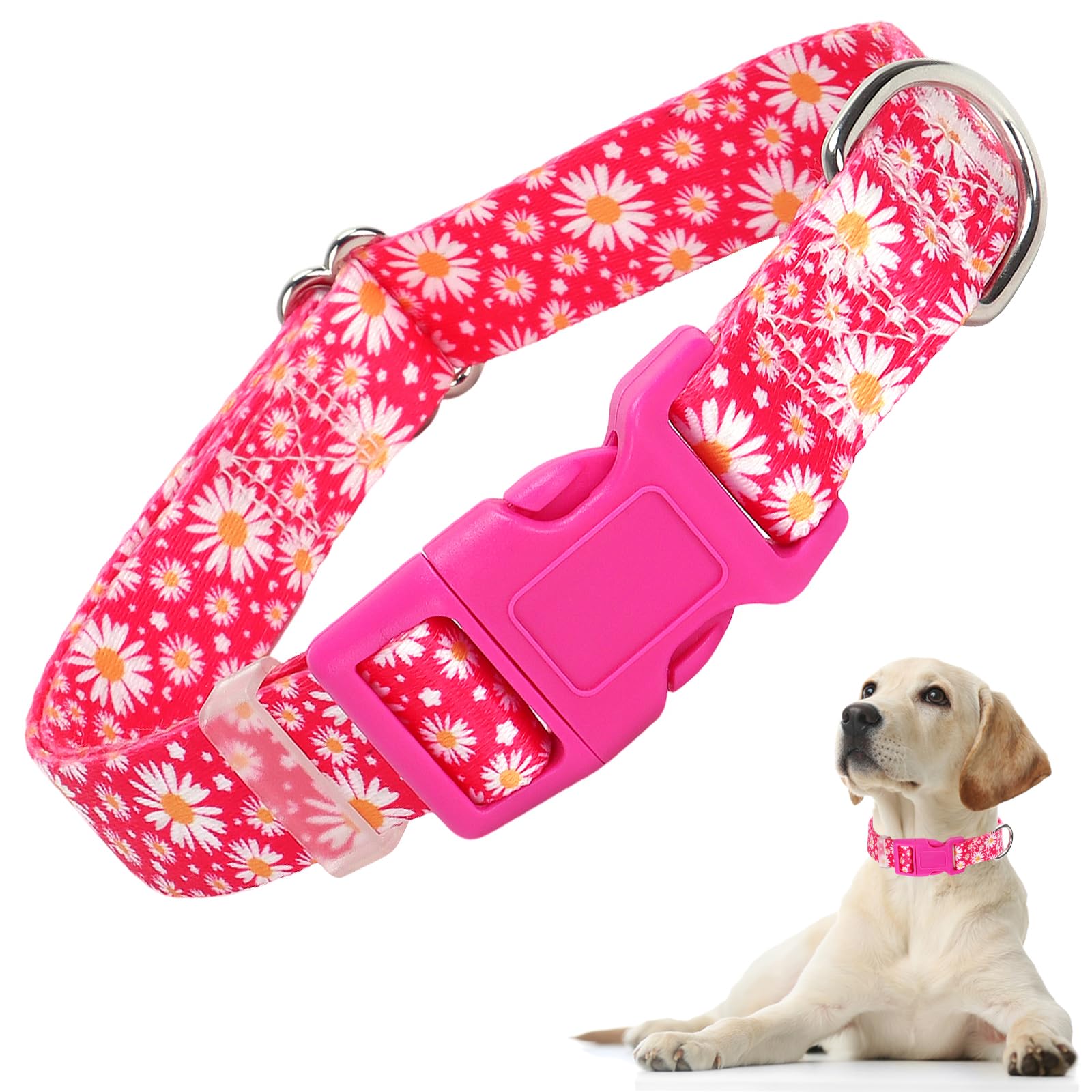 Pink Dog Collars for Large Dogs, Cute Girl Hot Pink Daisy Dog Collar, Adjustable Nylon Comfy Soft Pet Collar with Quick-Release 