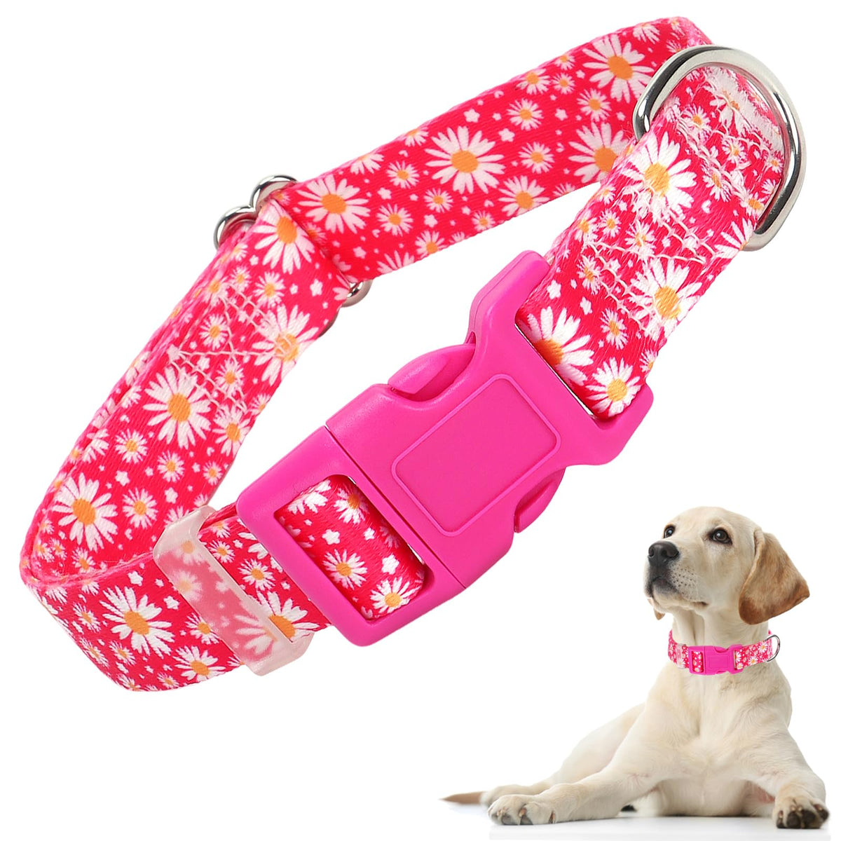 Pink Dog Collars For Puppy Small Dogs, Cute Girl Hot Pink Daisy Dog Collar, Adjustable Nylon Comfy Soft Pet Collar With Quick-Re