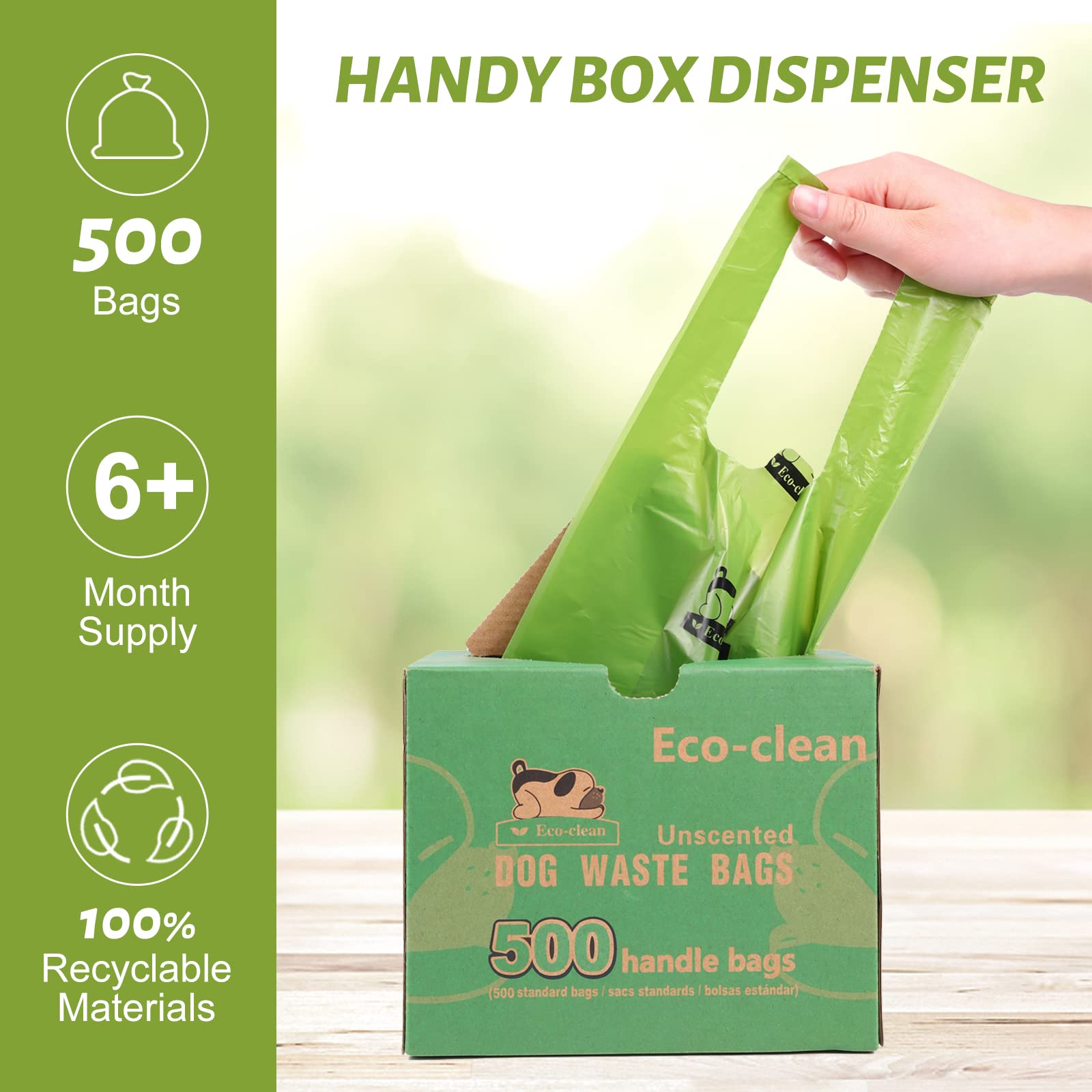 ECO-CLEAN Poop Bags, 500 Count Dog Poop Bags with Handle, Unscented Dog Waste Bags, Leak-Proof, Earth-Friendly Pet Poop Bags (No