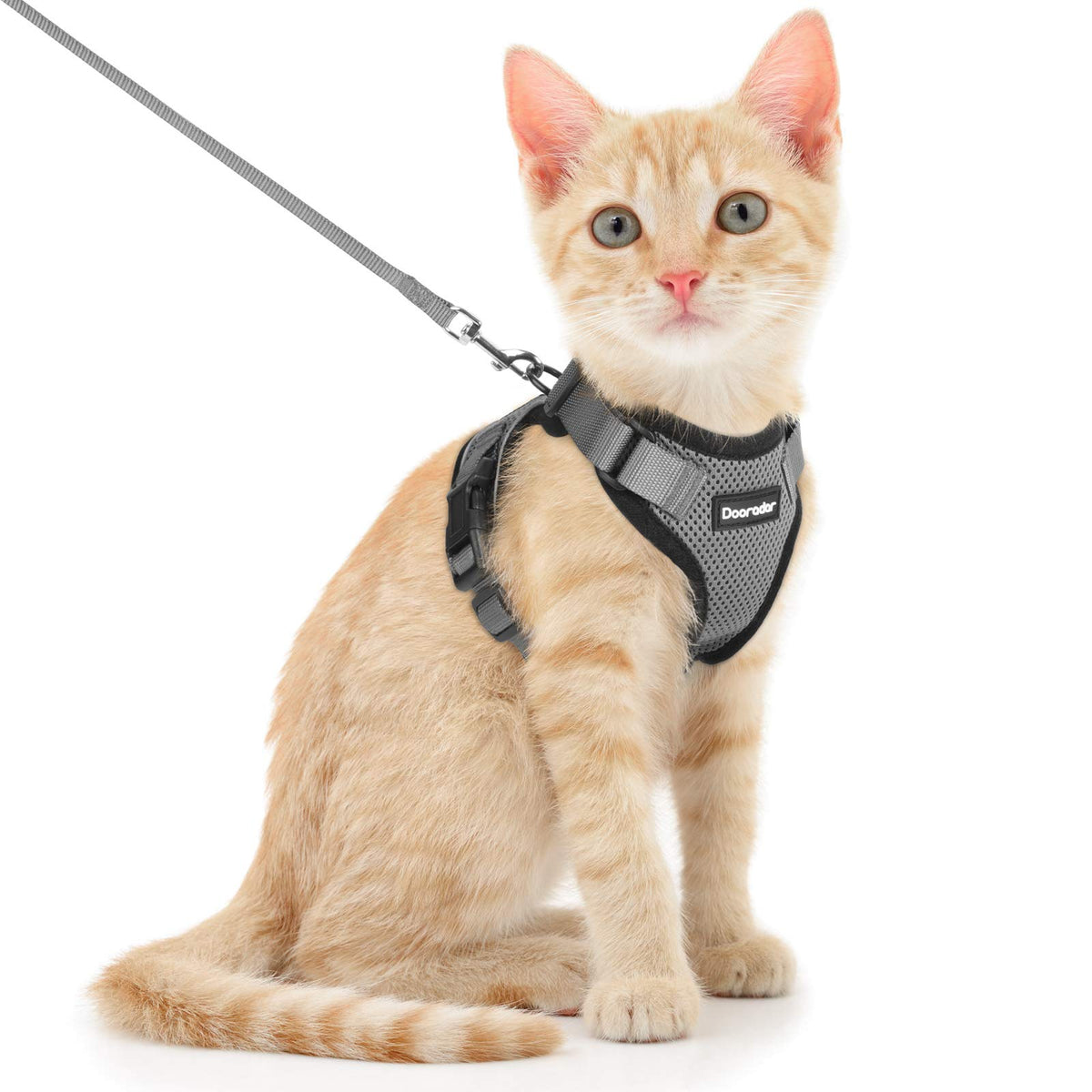 Dooradar Cat Harness And Leash Set, Escape Proof Safe Adjustable Kitten Vest Harnesses For Walking, Easy Control Soft Breathable Mesh Jacket With Reflective Strips For Cats, Grey, S