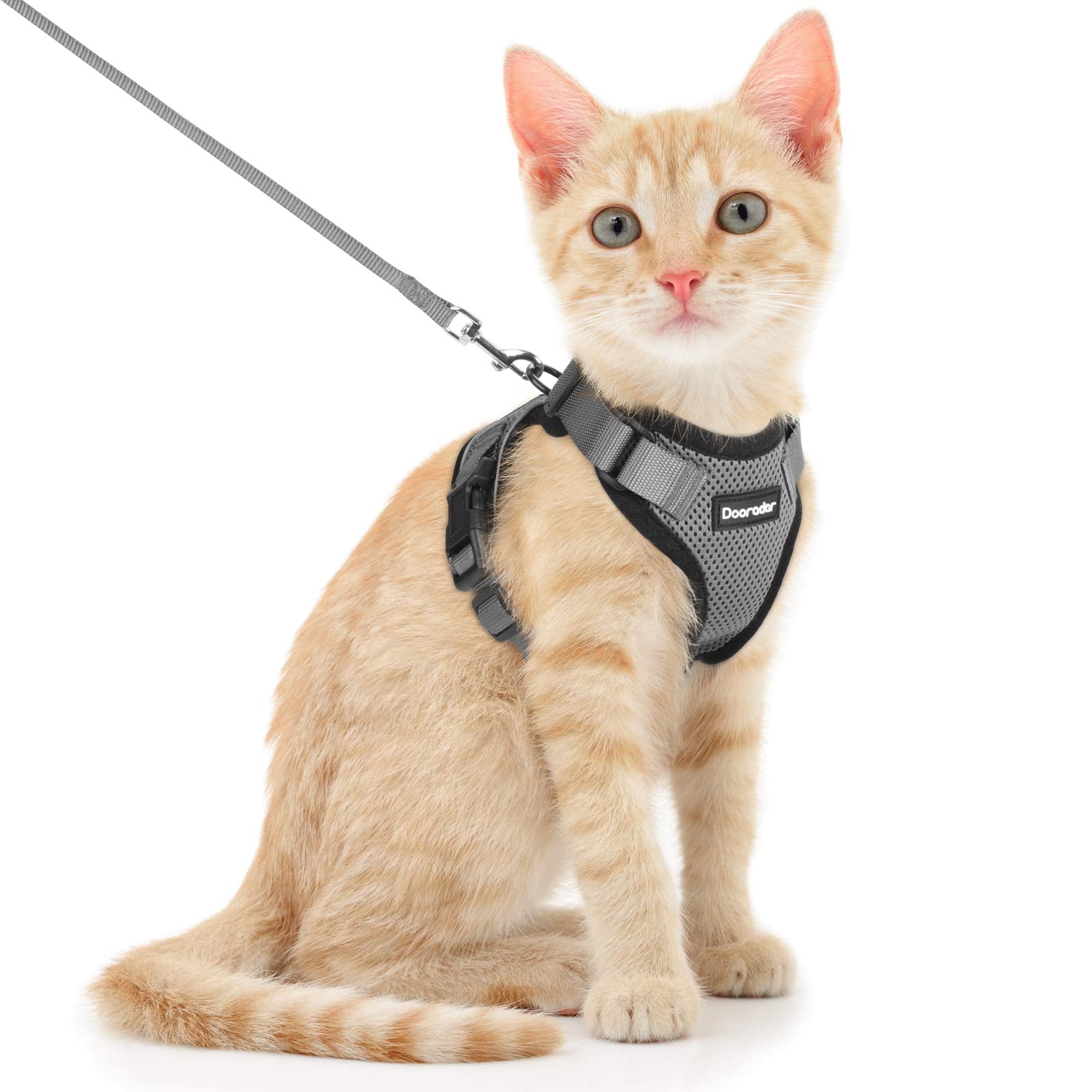 Dooradar Cat Harness And Leash Set, Escape Proof Safe Adjustable Kitten Vest Harnesses For Walking, Easy Control Soft Breathable Mesh Jacket With Reflective Strips For Cats, Grey, Xs