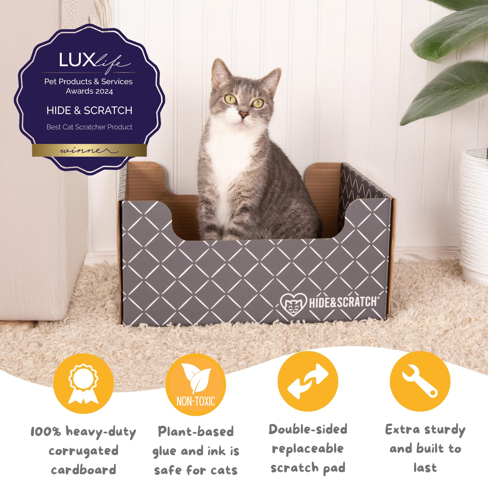 Hide & Scratch Cardboard Cat Scratcher Box & Bed - Dark Grey Diamond (2 Pack) | Double-Sided Corrugated Pad for Indoor Cats | Re