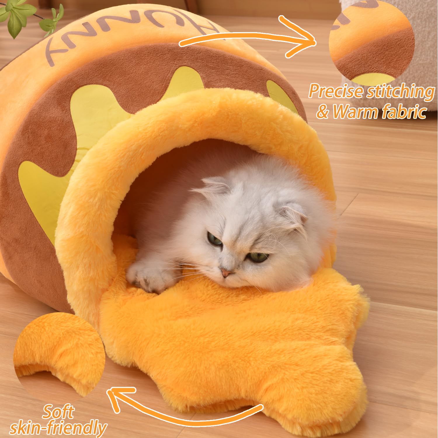 Honey Pot Cat Cave Bed, Soft and Thick Rebound Sponge Pet Nest with Removable & Washable Cushion, Cute Cartoon Design for Small