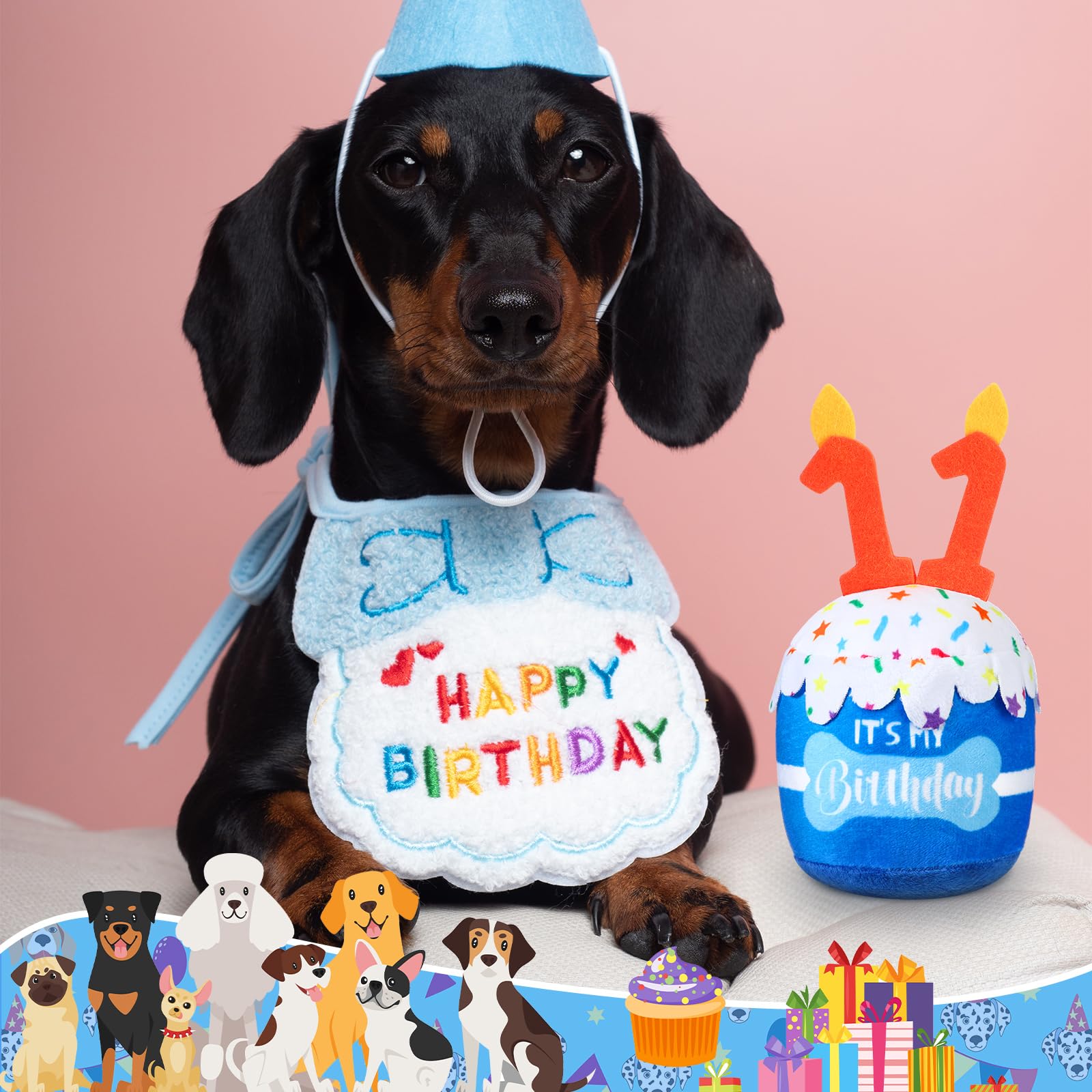 Dansydaisy Dog 11Th Birthday Cake Toy Accessories For Girl Boy Gifts, Blue Squeaky Plush Toy For Dog Birthday Party Decor Favor