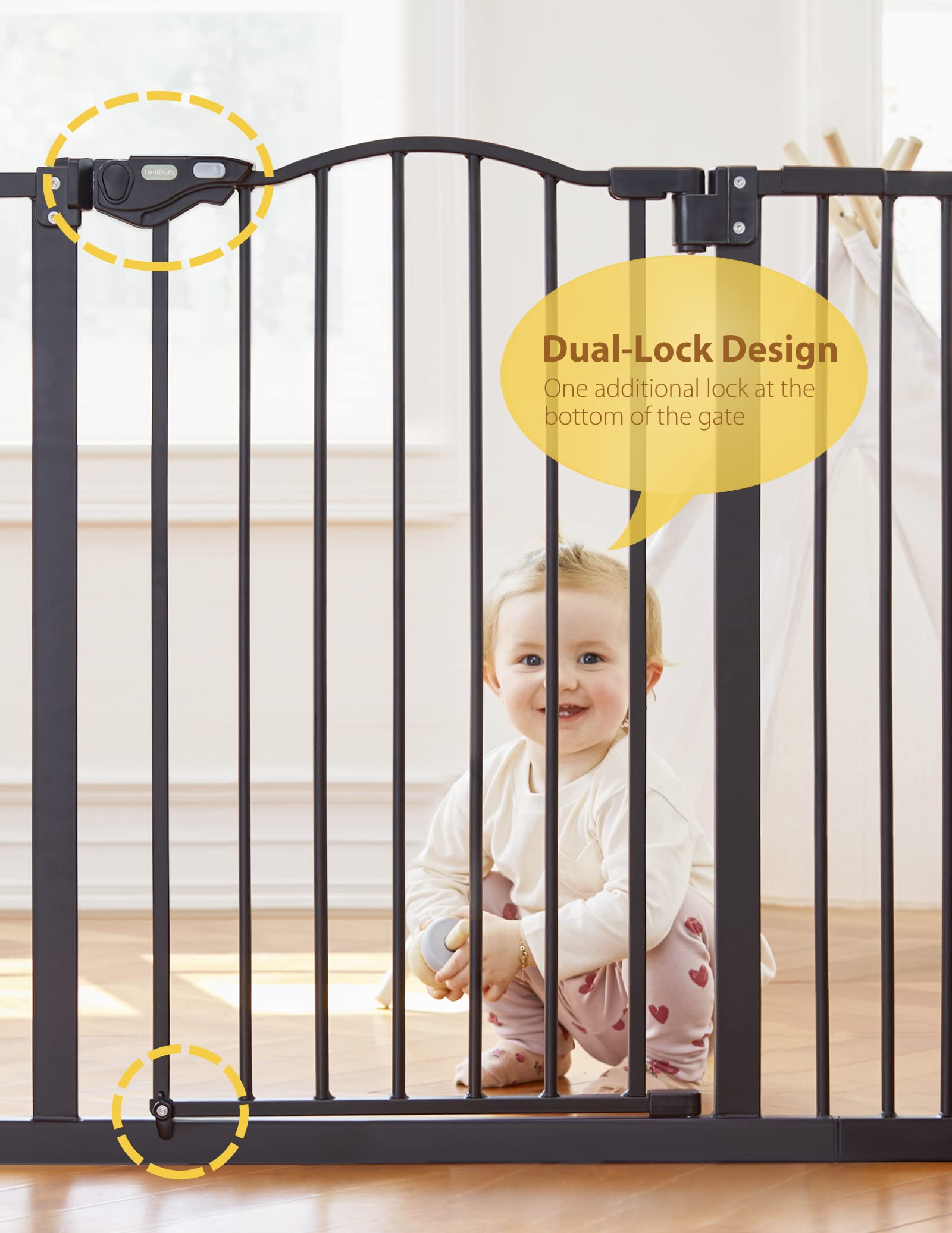 Innotruth 29-39.6” Baby Gate For Stairs & Doorways, 30' Tall Pressure Mount Pet Gates, Easy Step Auto Close Both Sides Walk Thru Child Gate, Dual-Lock Safety Design And One-Hand Operation, Black