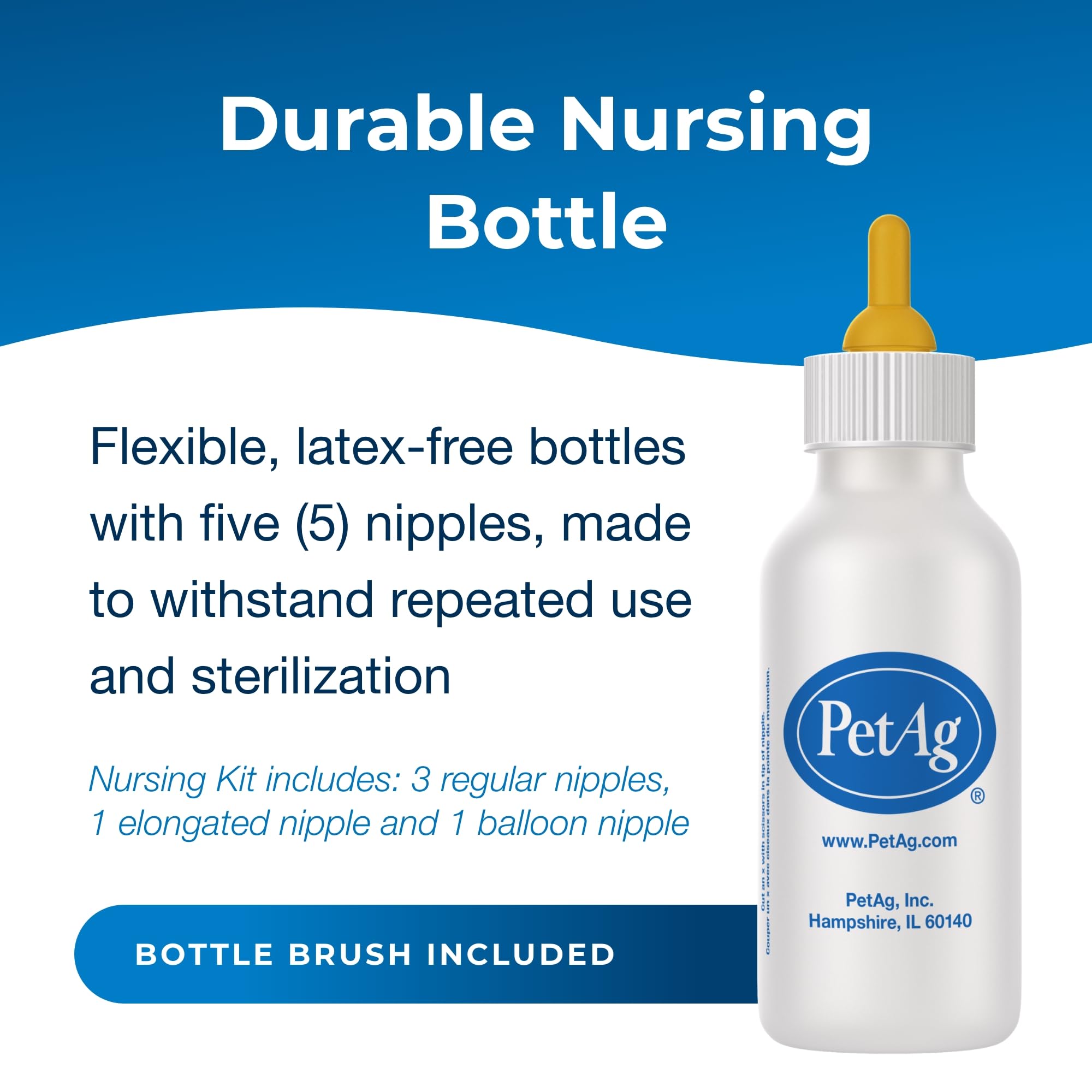 Pet-Ag Nursing Kit - 2 oz - Promotes the Natural Feeding of Liquids to Baby Animals - Each Kit Includes 2 oz. Bottle with Cap, 5