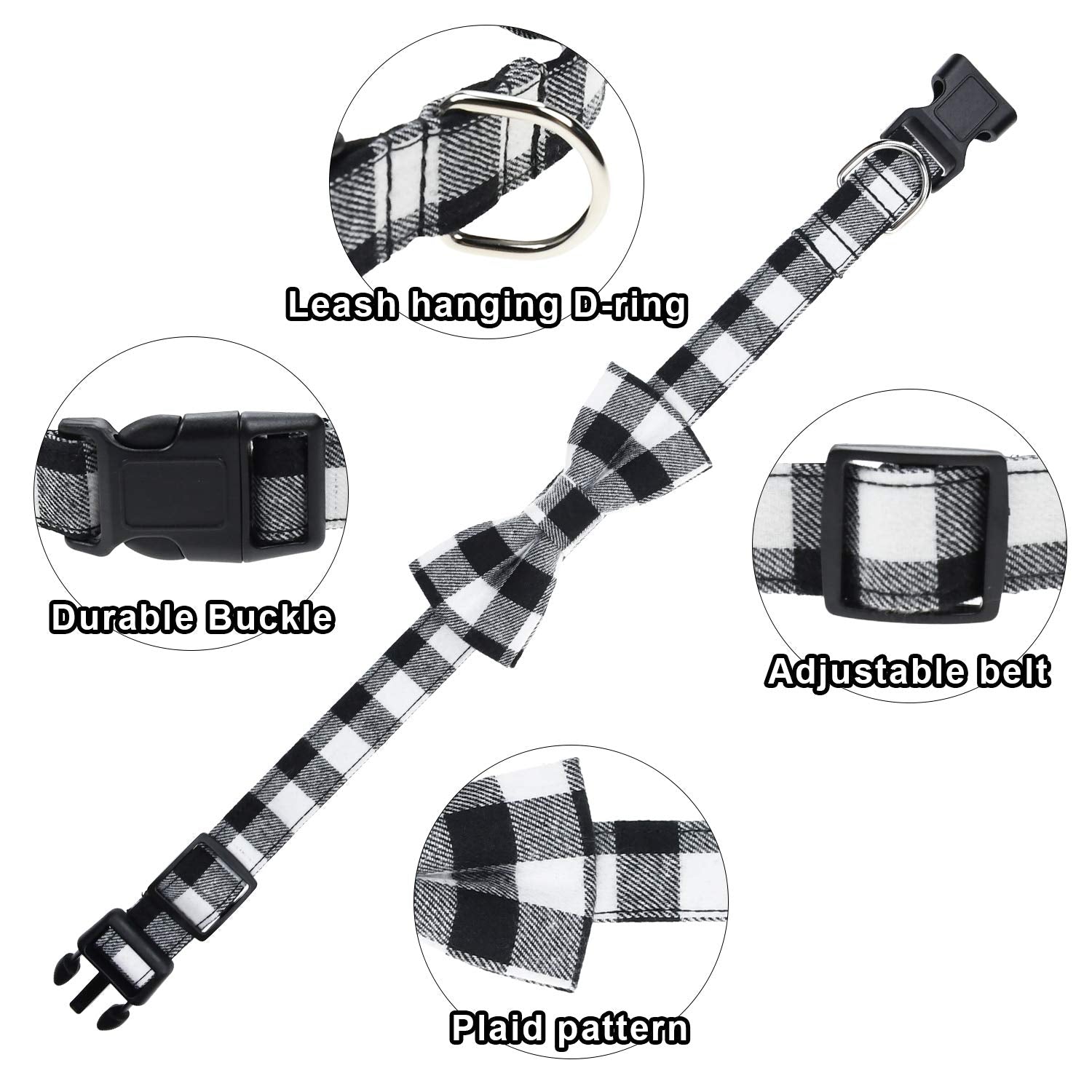 Malier 2 Pack Dog Collar With Bow Tie, Cute Plaid Pattern Dog Collar With Bow Tie And Durable Buckle Collar For Small Medium Lar