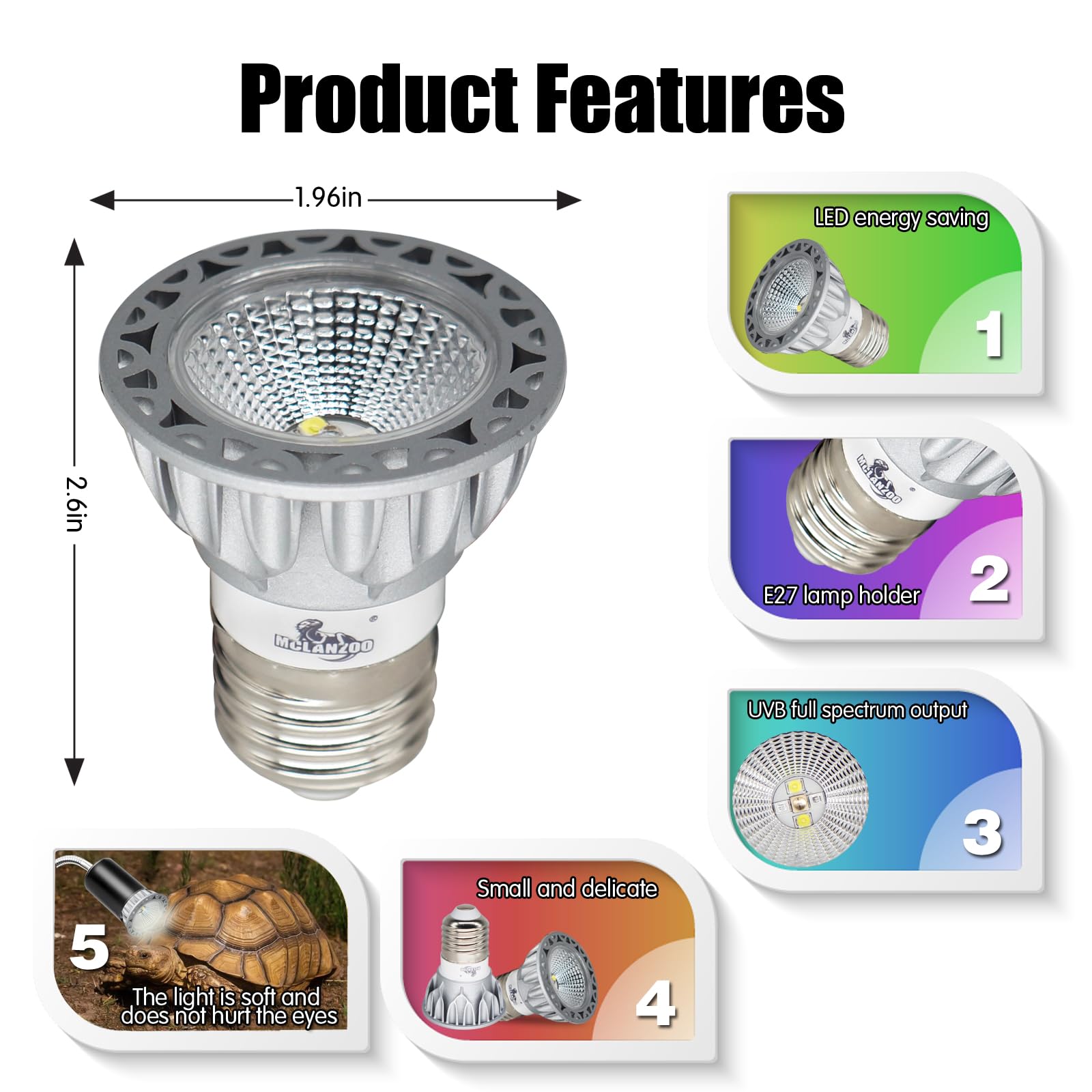 Mclanzoo Uvb Reptile Light High Intensity Led Bulb 3W 5.0 Turtle Calcium Lamp Full Spectrum Sun Heat Lamp For Rainforest Reptile