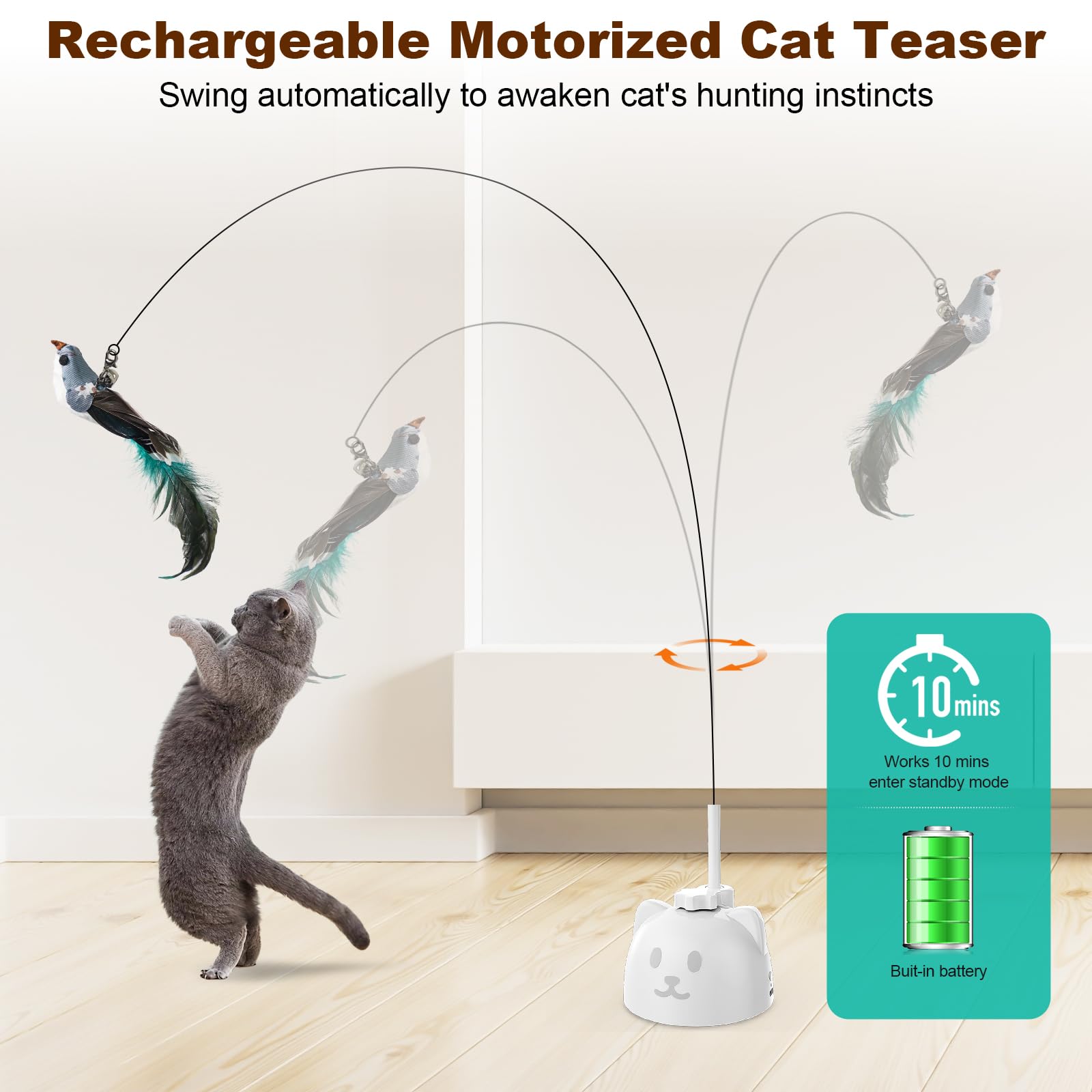 Xuyub Cat Toys Feather Wand Enhanced Suction Cup Interactive Cat Toy Auto-Swing Cat Wand Toy With 3Pcs Replacement Teaser Refill