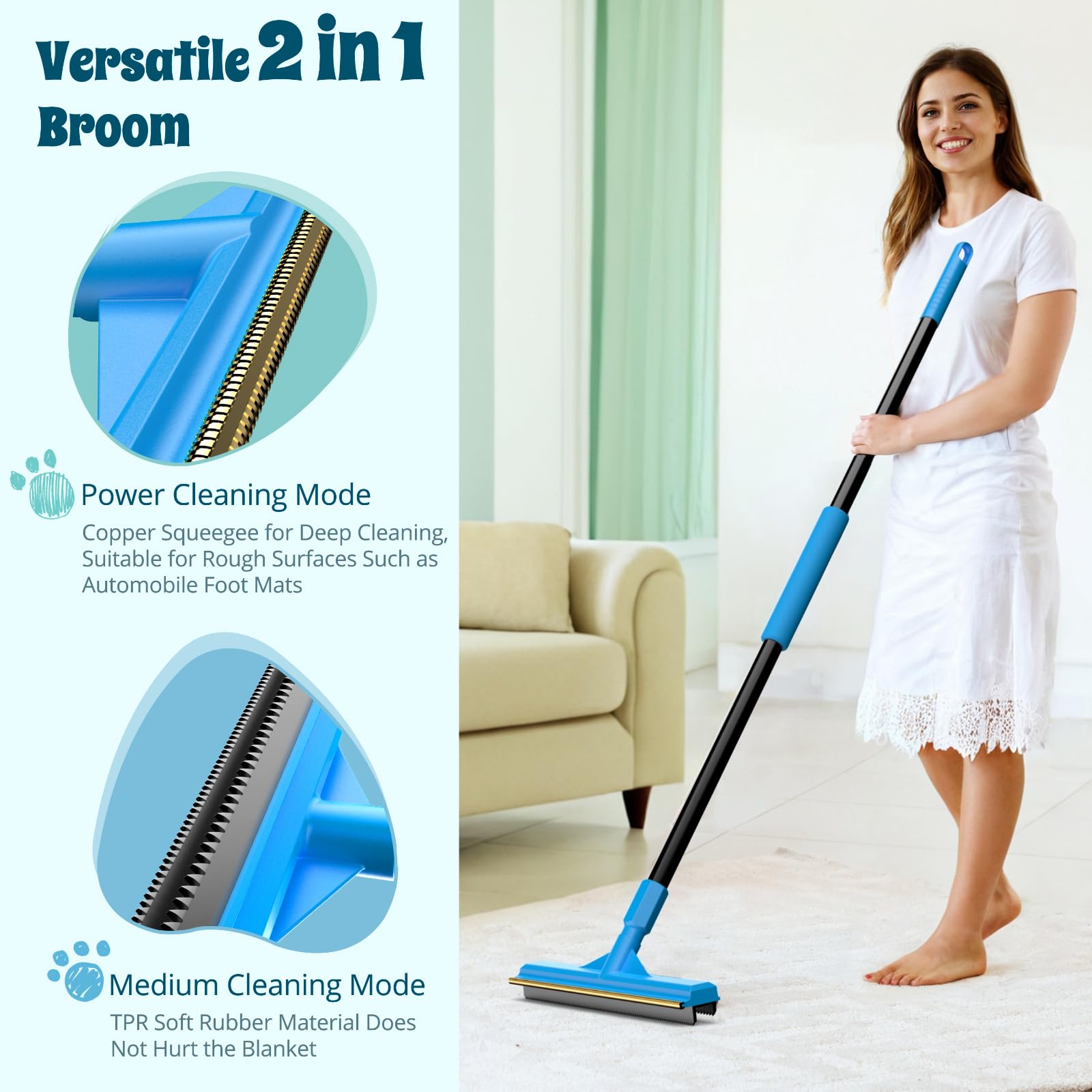 Ueetb Carpet Rake For Pet Hair Removal, Reusable Cat Dog Hair Remover, 58 Adjustable Long Handle Pet Hair Removal Tool, Carpet R