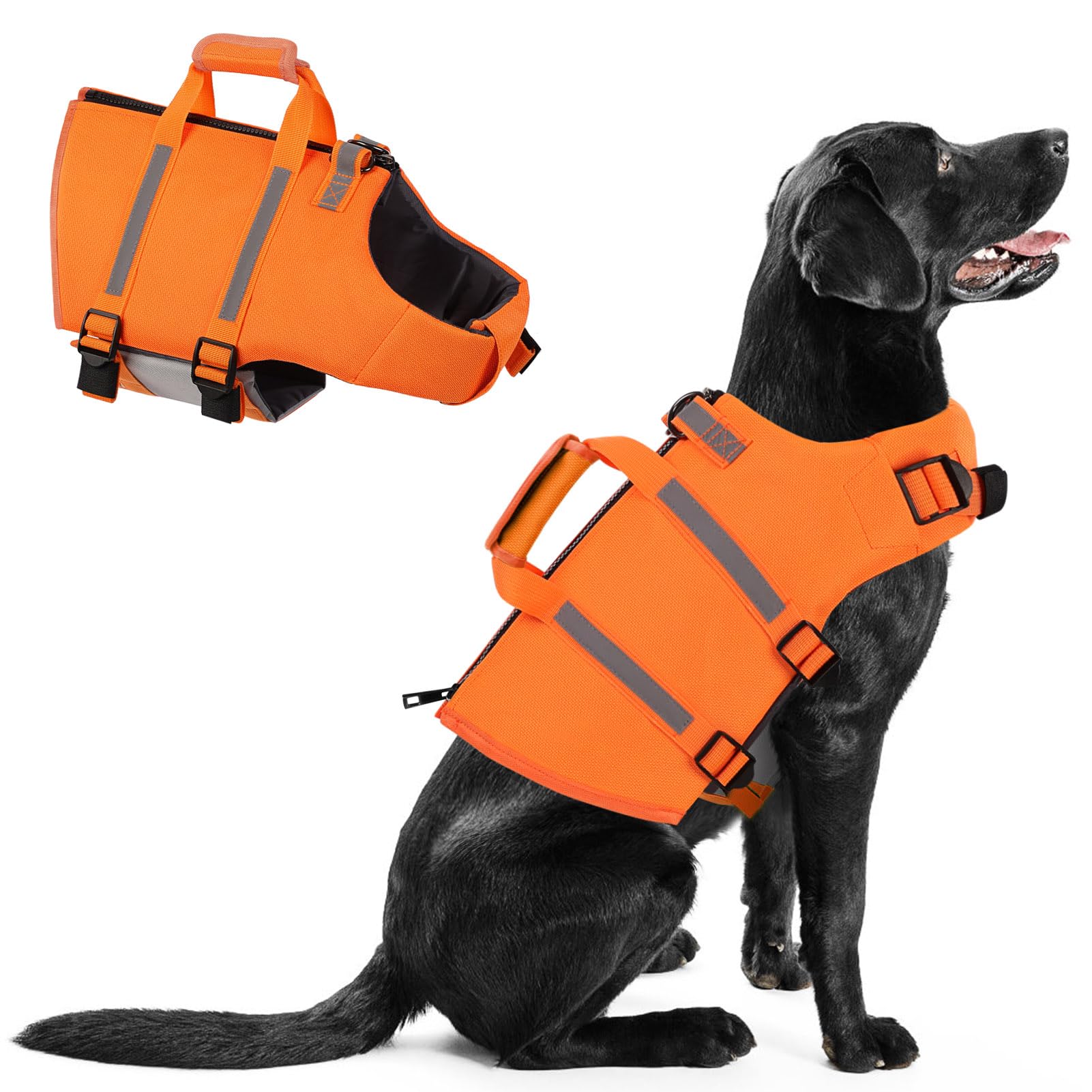 Queenmore Dog Life Jacket - Adjustable Swim Vest With Rescue Handle, Zipper (Orange, M)