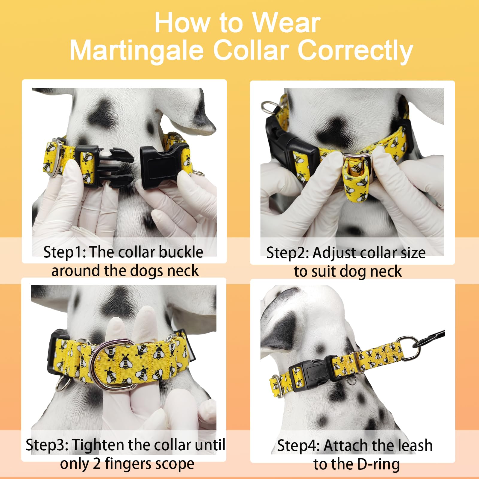 Fidohug Martingale Dog Collar With Buckle Yellow Bee Dog Collar Adjustable Cute Design Patterns (Bee, Small)