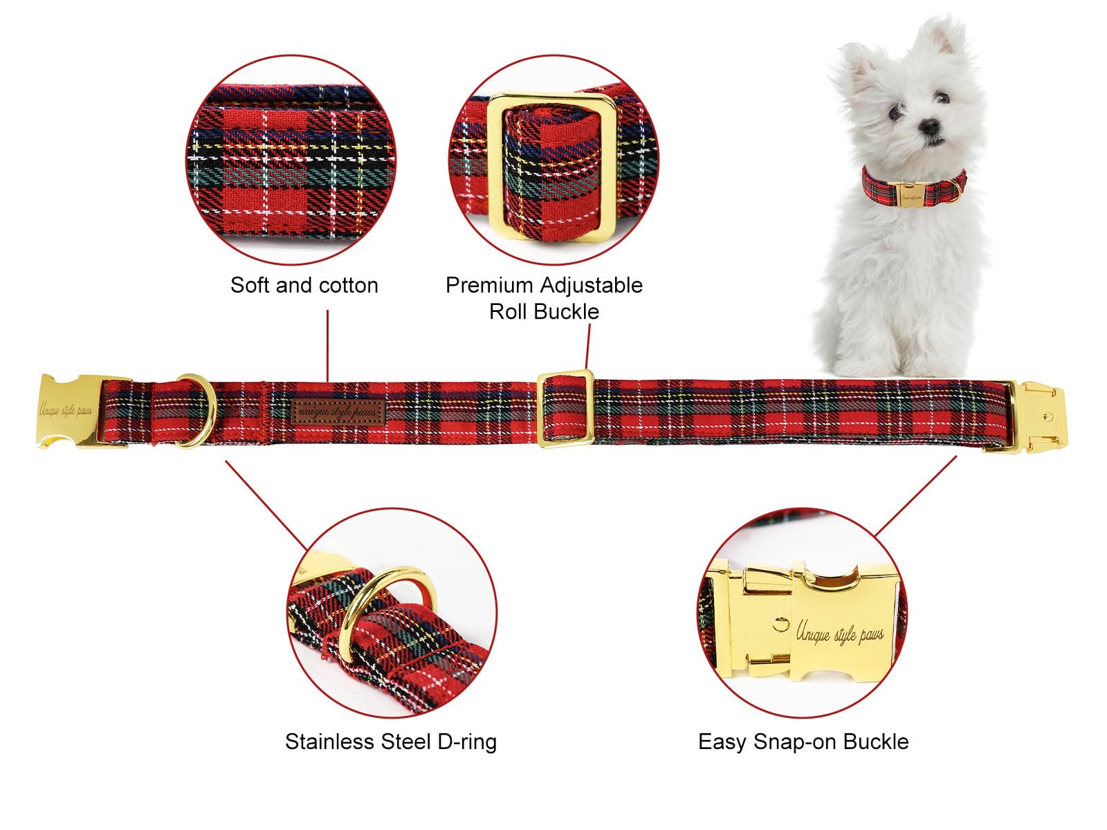 Unique Style Paws Christmas Dog Collar Metal Buckle Scottish Plaid Puppy Collar Gift Durable Cute Collar For Small Medium Large Boys Girls Dogs
