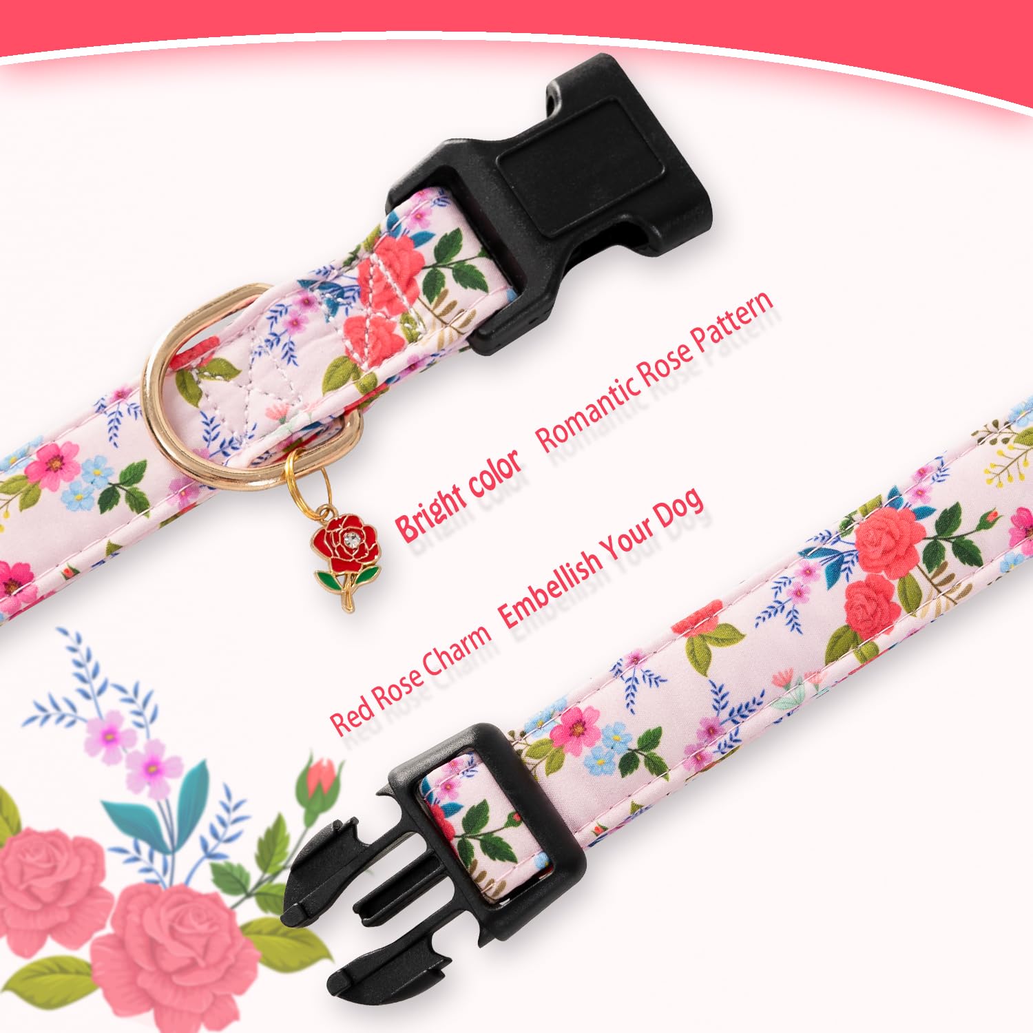 Prehai Cute Rose Dog Collar For Small Medium Large Dogs Special Design Cute Pink Rose Dog Collar For Girl Female Dogs Soft Adjus