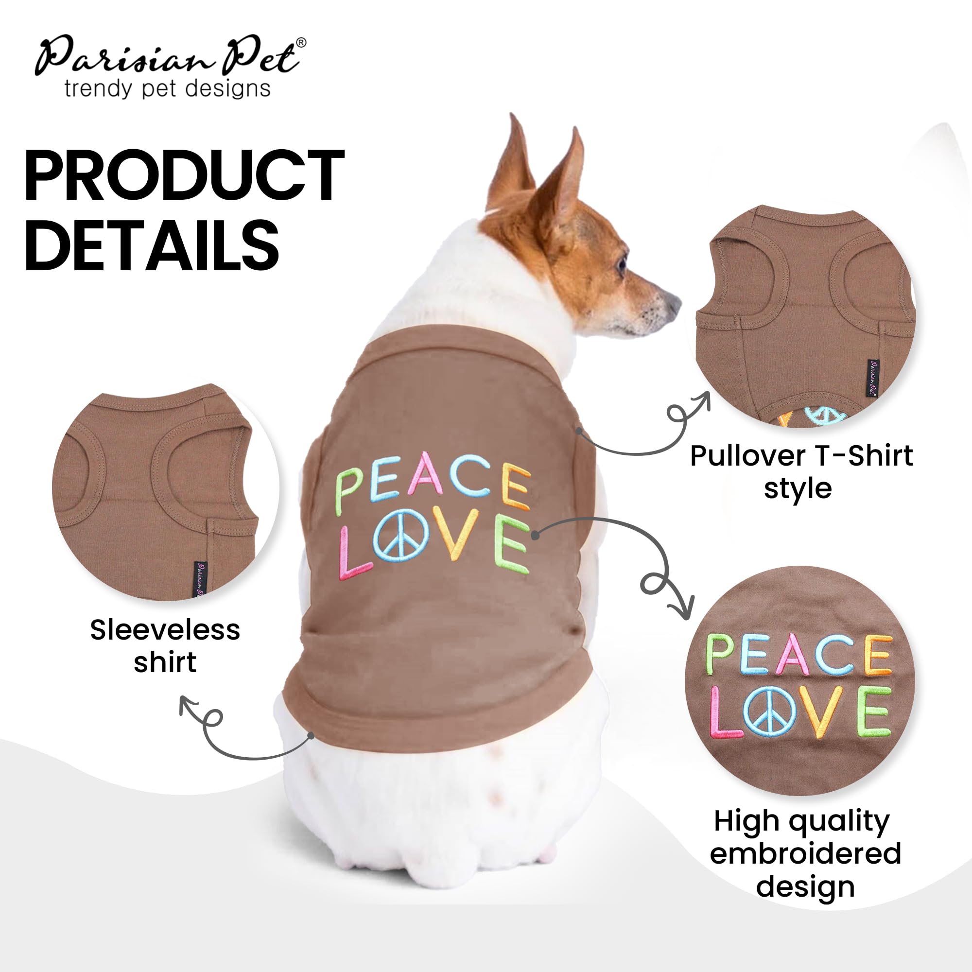 Parisian Pet Dog T-Shirt - Embroided Peace Love 100% Cotton, Breathable Dog Clothes - Sleeveless Pet Vest - Machine Washable Dog