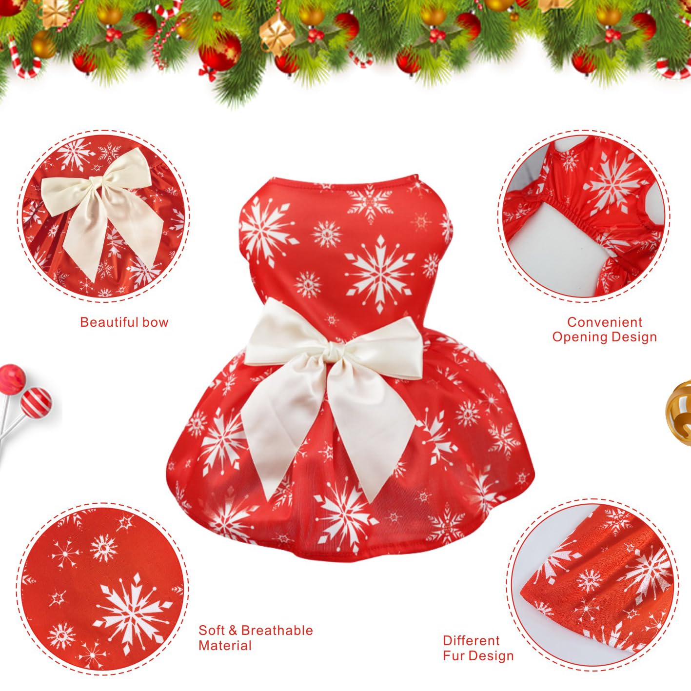 Otunrues Santa Dog Dresses Set Of 3 Lightweight Small Dogs Pets Christmas Snowflake Costume With Bowtie Holiday Party Outfit
