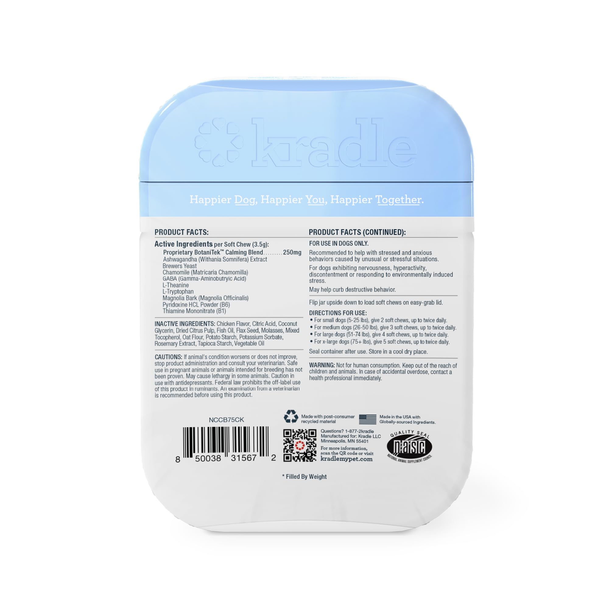 Kradle Calming Chews for Dogs - Natural Daily Stress & Anxiety Relief for Dogs - Proprietary BotaniTek Blend - Chamomile, Ashwag