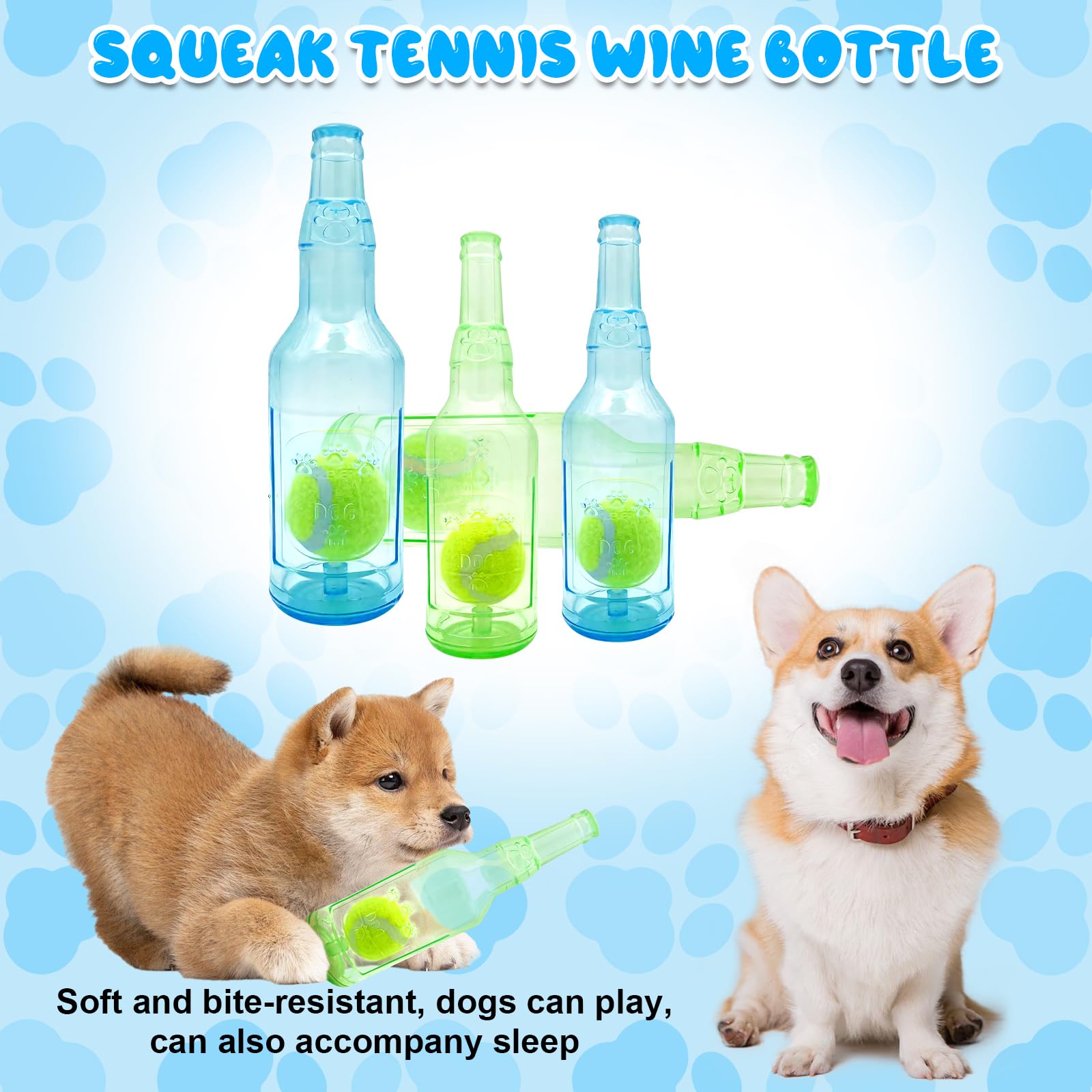 Aerbee 2Pcs Crunchnplay Bottle Toy For Dogs, Interesting Squeaky Dog Toys, 9.6' Rubber Water Bottle Toys With Tennis Ball, Pet