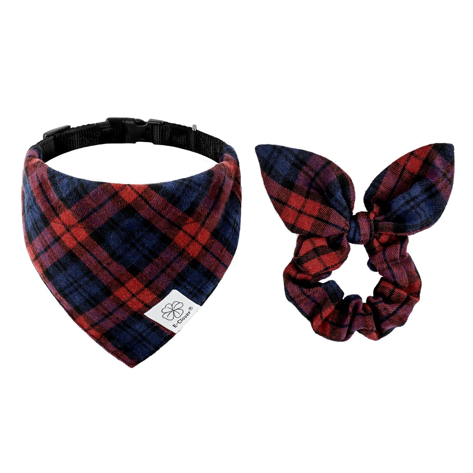 E-Clover Plaid Dog Collar-Dog Bandana Collar & Matching Scrunchie Adjustable Boy Dog Collars For Small Medium Dogs Owner Gift Re