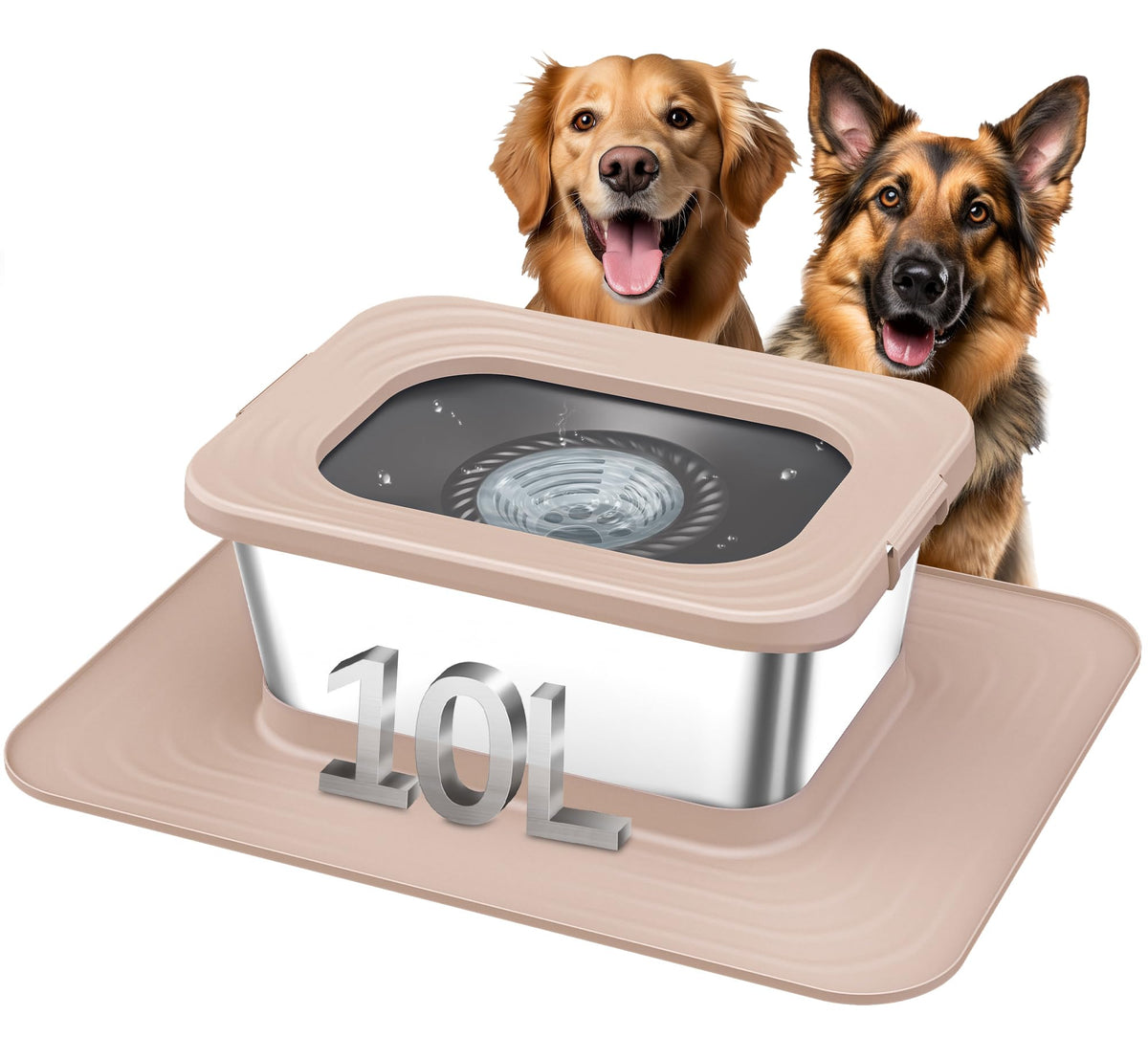 Decflow 10L Stainless Steel Dog Water Bowl, No Spill Anti-Splash Dog Bowls with XXL Silicone Mat, Spill-Proof Slow Feeder for Me
