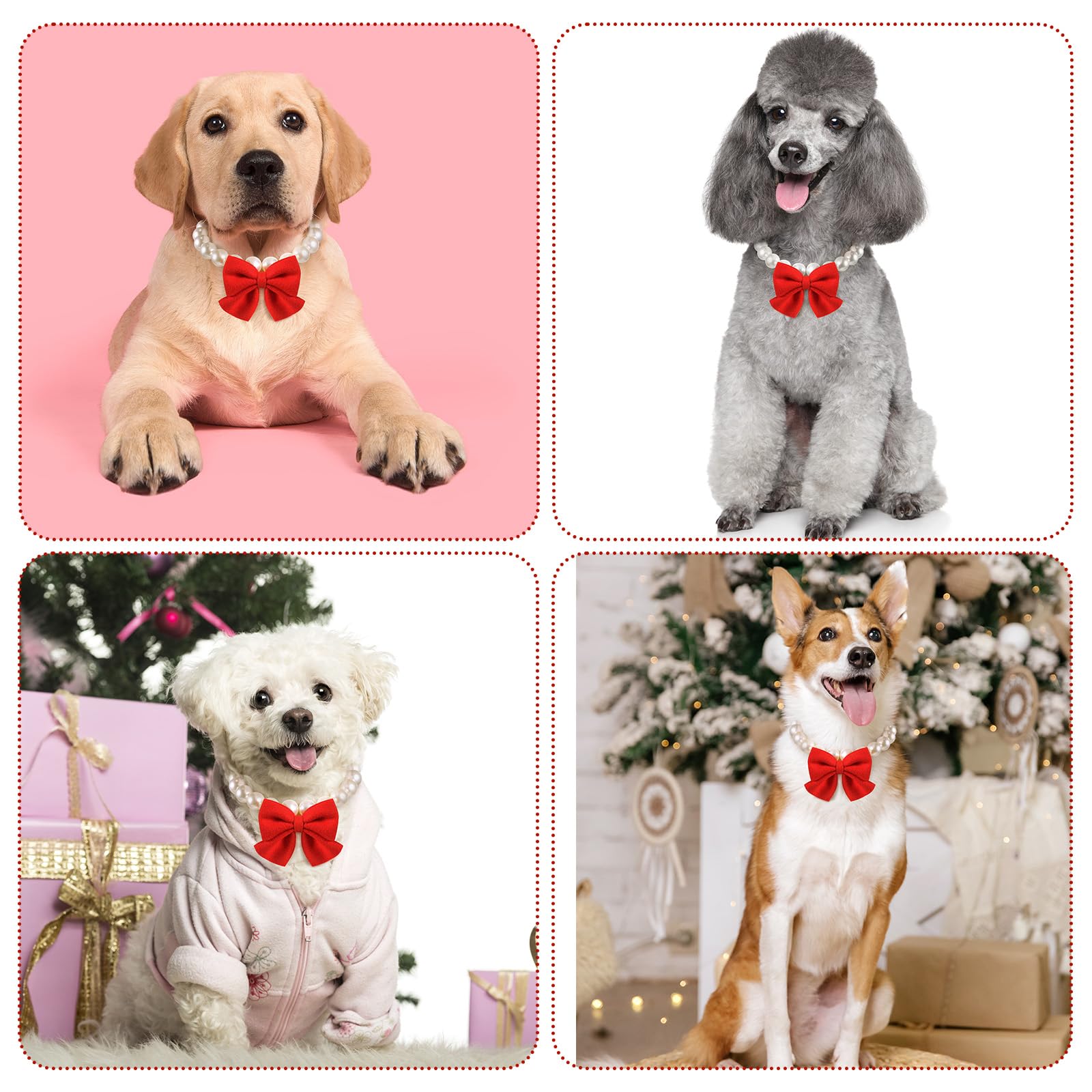 Leifide Chunky Pearl Dog Necklace With Red Bow 20Mm Large Bead Big Pearl Puppy Collar Necklace Adjustable Jewellery Accessories