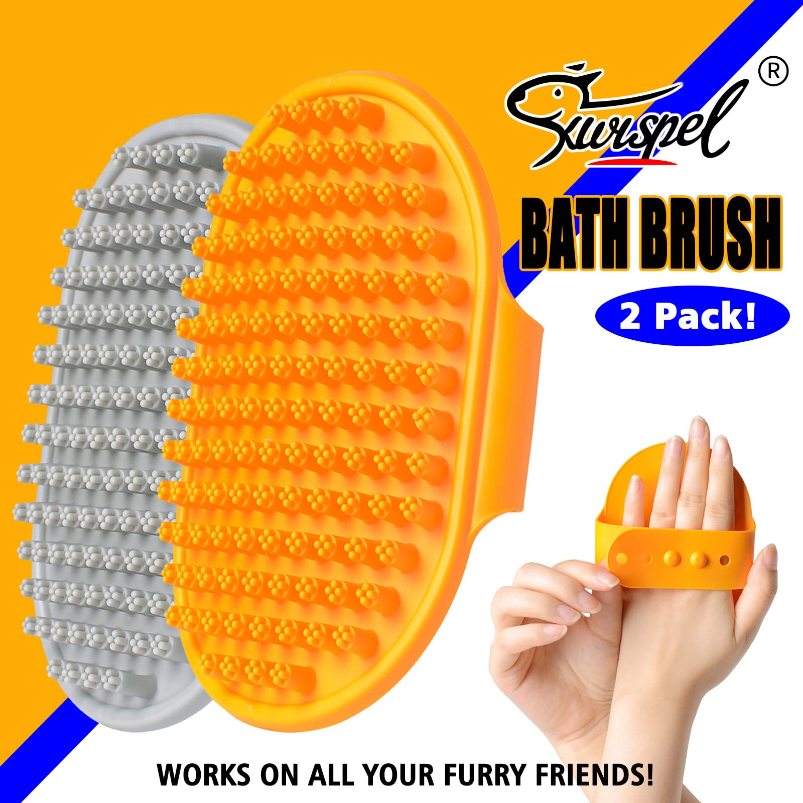 Kwispel Dog Bath Brush Set - 2 Pcs Rubber Grooming And Shedding Brush For Short And Long Haired Dogs, Cats With Adjustable Handle - Perfect For Washing, Shampooing, And Bathing
