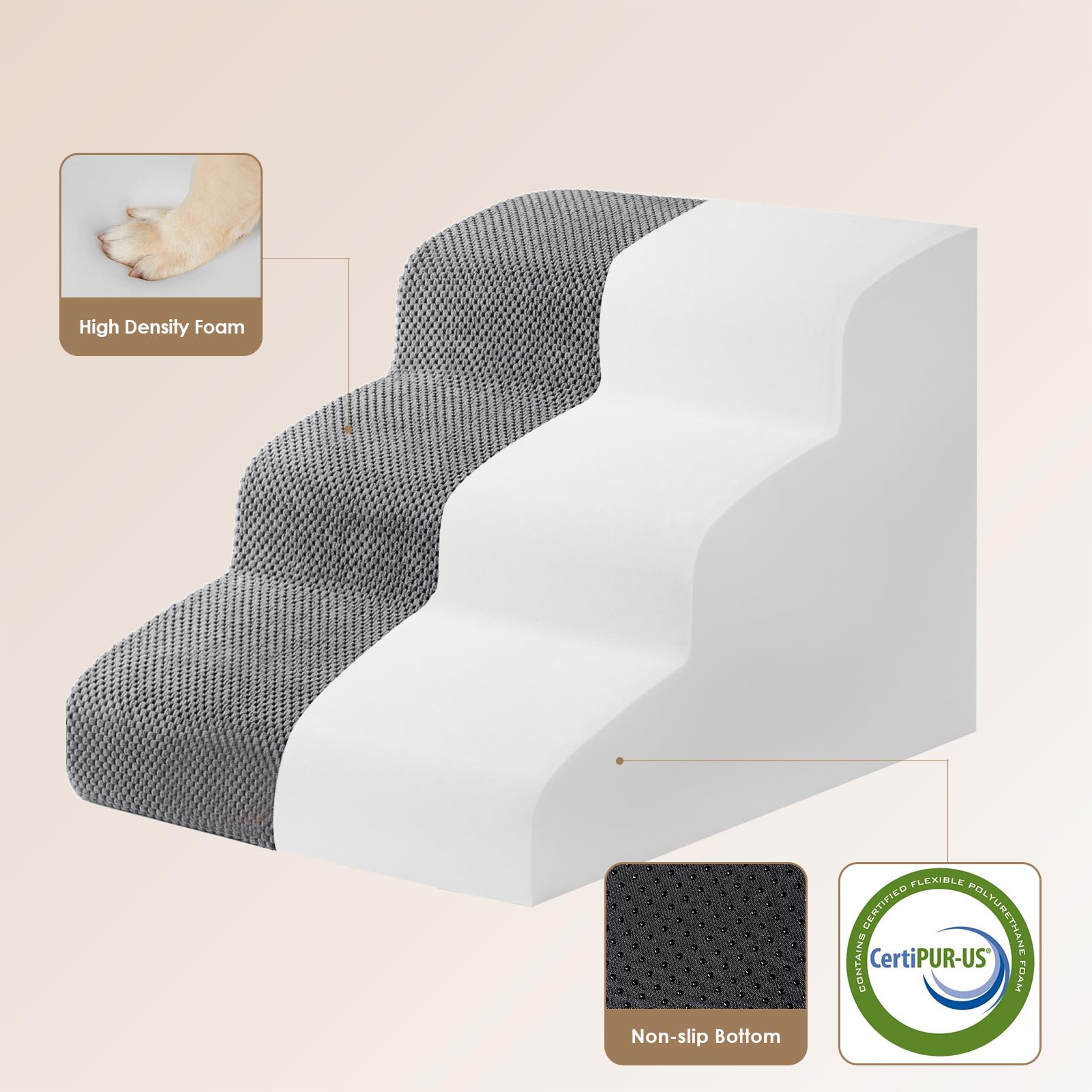 Eheyciga Curved Dog Stairs Ramp For Small Dogs 15.7' H, 3-Step Dog Steps For Couch Sofa And Chair, Pet Stairs For Cats, Non-Slip Balanced Pet Steps Indoor, Grey