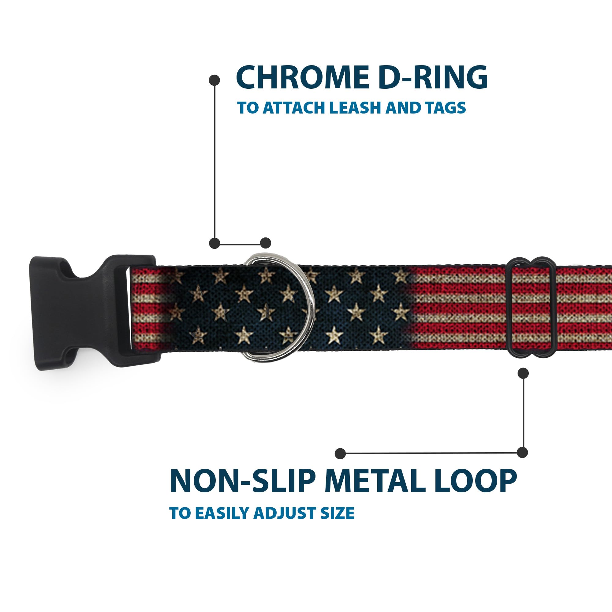 Buckle-Down Plastic Clip Collar - Vintage Us Flag Stretch - 1'' Wide - Fits 15-26'' Neck - Large