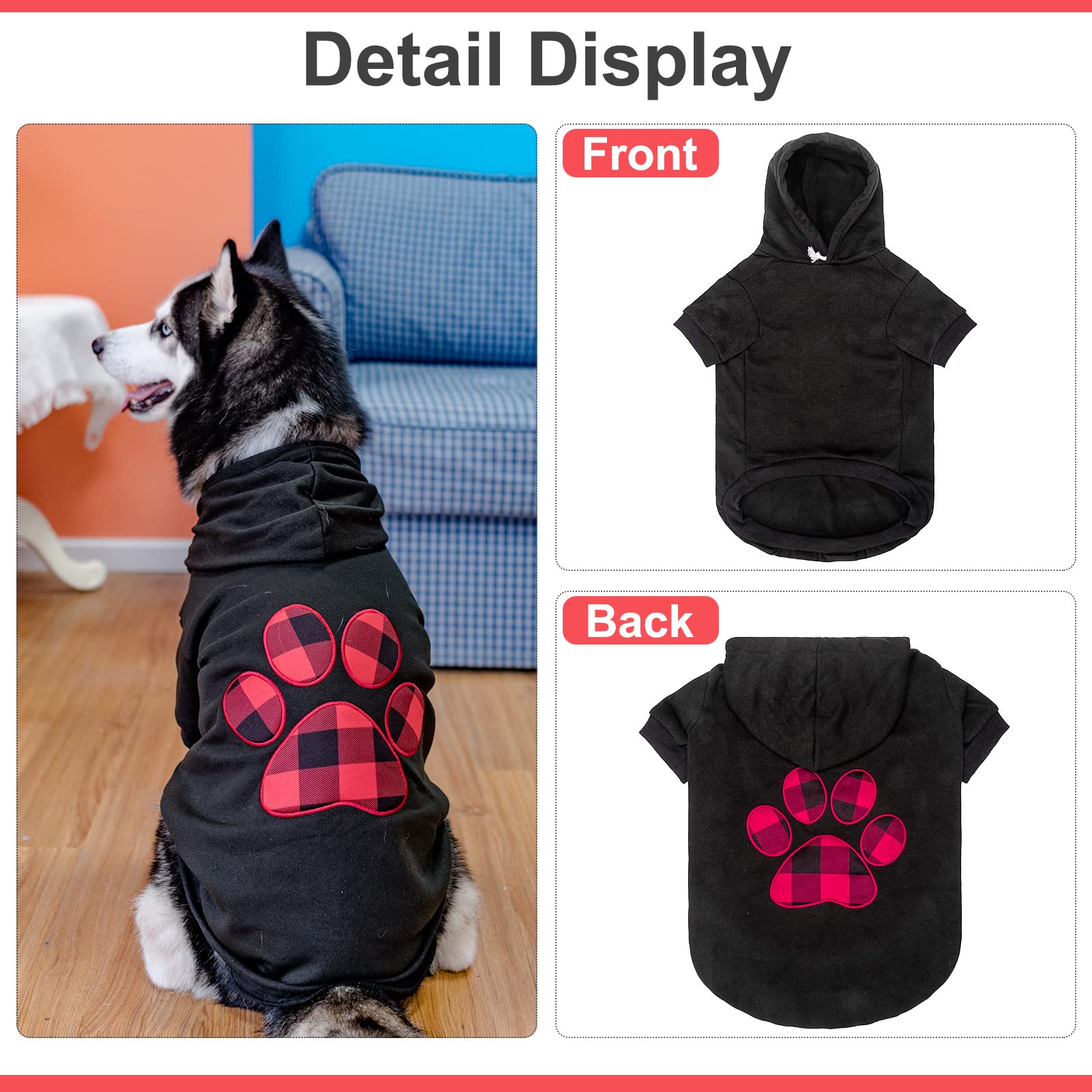 Kooltail Dog Pullover Hoodie With Hat, Pet Cold Weather Clothes With Red And Black Plaid Foot Pattern, For Small Medium Large Dogs