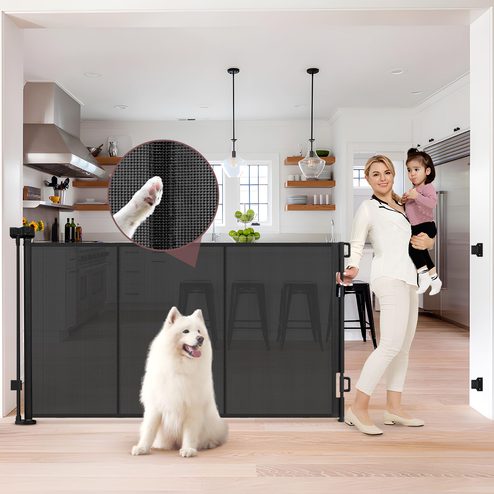 Reinforced 41 Inch Extra Tall Retractable Baby Gates 80'' Wide Retractable Dog Gate with Support Rods - Prevents Crawling Under,