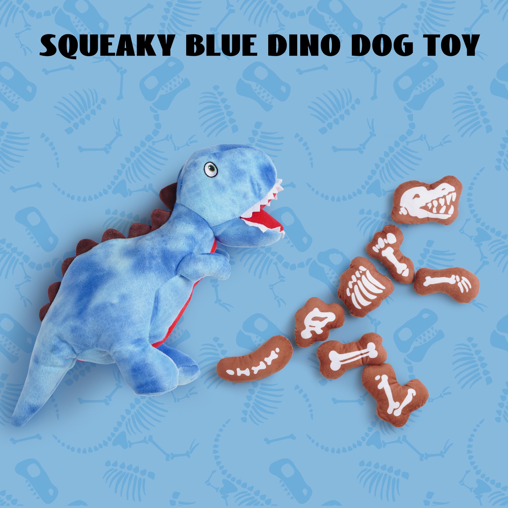 Nocciola Plush Dinosaur Dog Toy - Squeaky Chew Toy for Small/Medium Breeds, 9 Packs, Blue, Model DT-DINO9