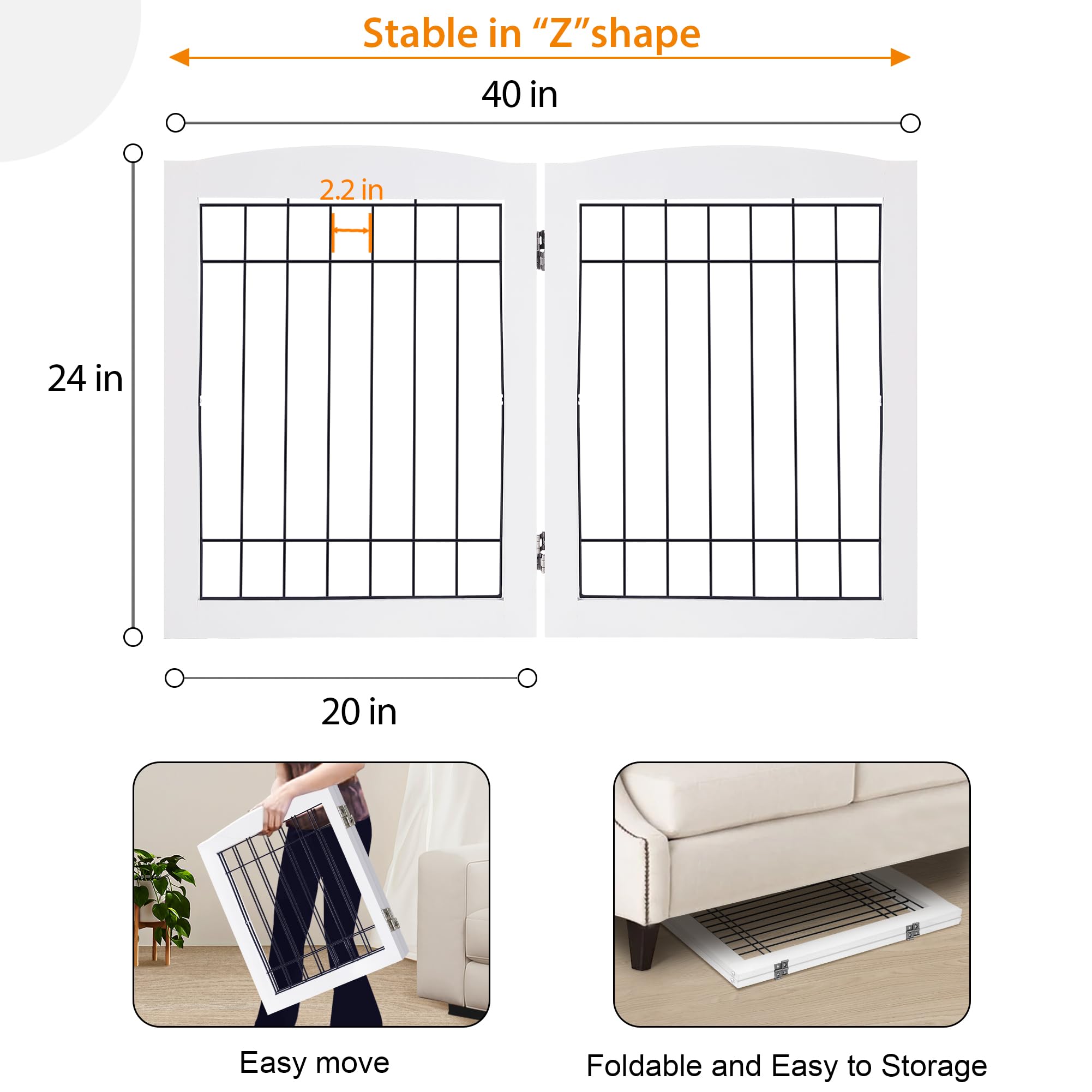 LZRS 2-Panel Freestanding Foldable Wood Dog Gate - Solid Wood & Steel Wire, Chew-Resistant Pet Barrier for Indoor Use, Ideal for