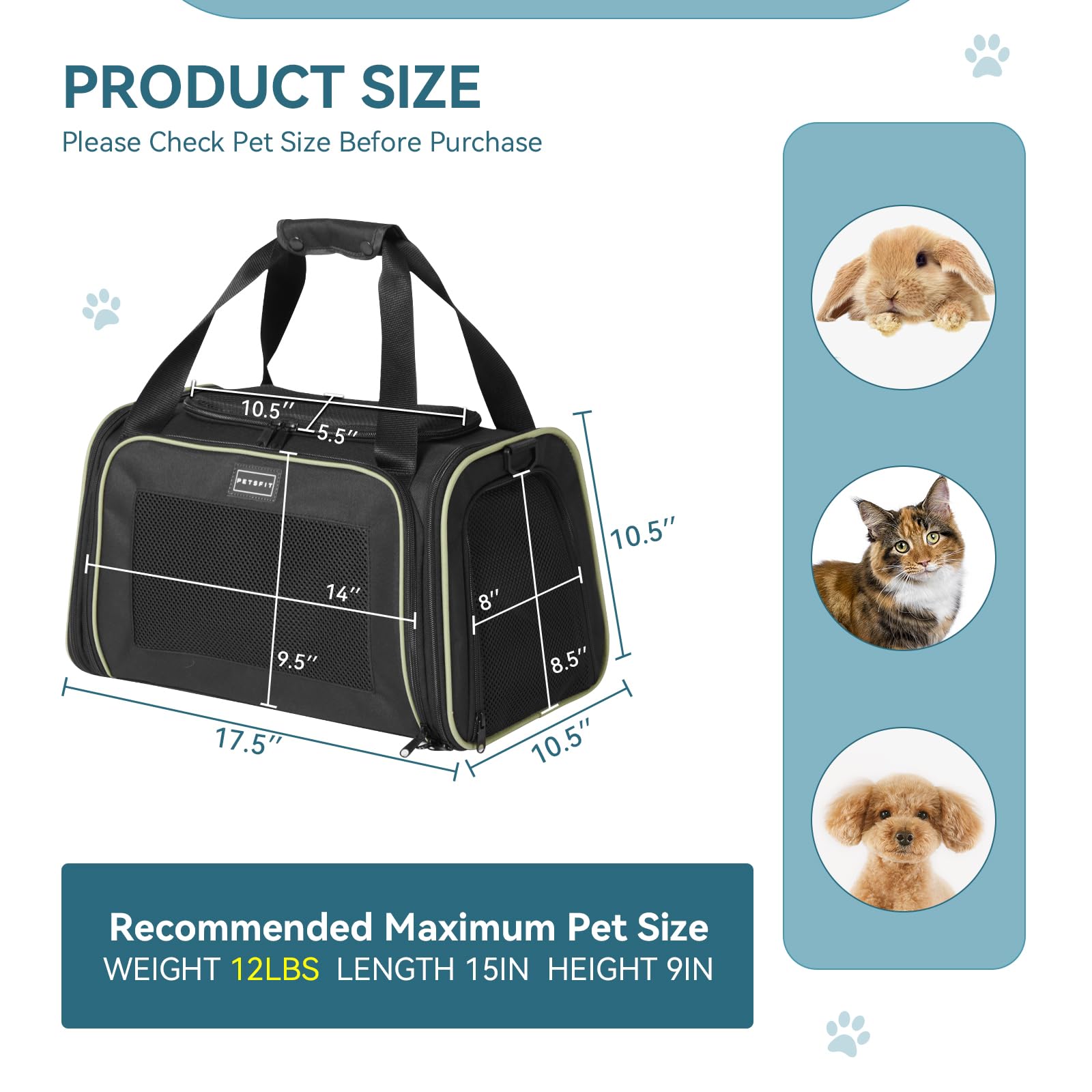 Petsfit Pet Carrier Airline Approved With Extendable Mat, Dog Carriers For Small Dogs, Tsa Approved Pet Carrier, Puppy Carrier For Small And Medium Cats Under 12 Lbs, Black