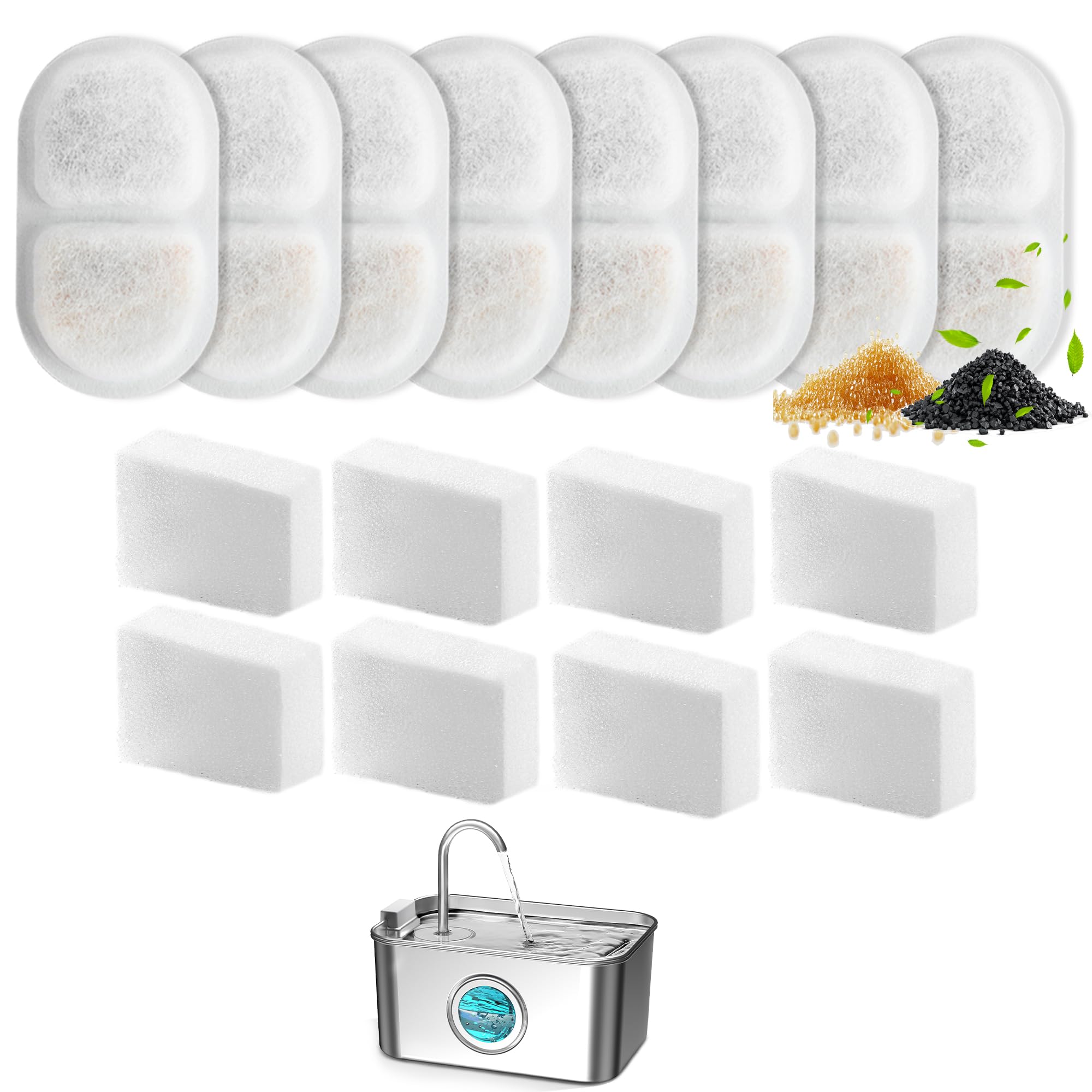 Dog Cat Pet Water Fountain Filter Replacement 8 Packs - Activated Carbon & Ion Exchange Resin Filters With Pump Foam Sponges - C