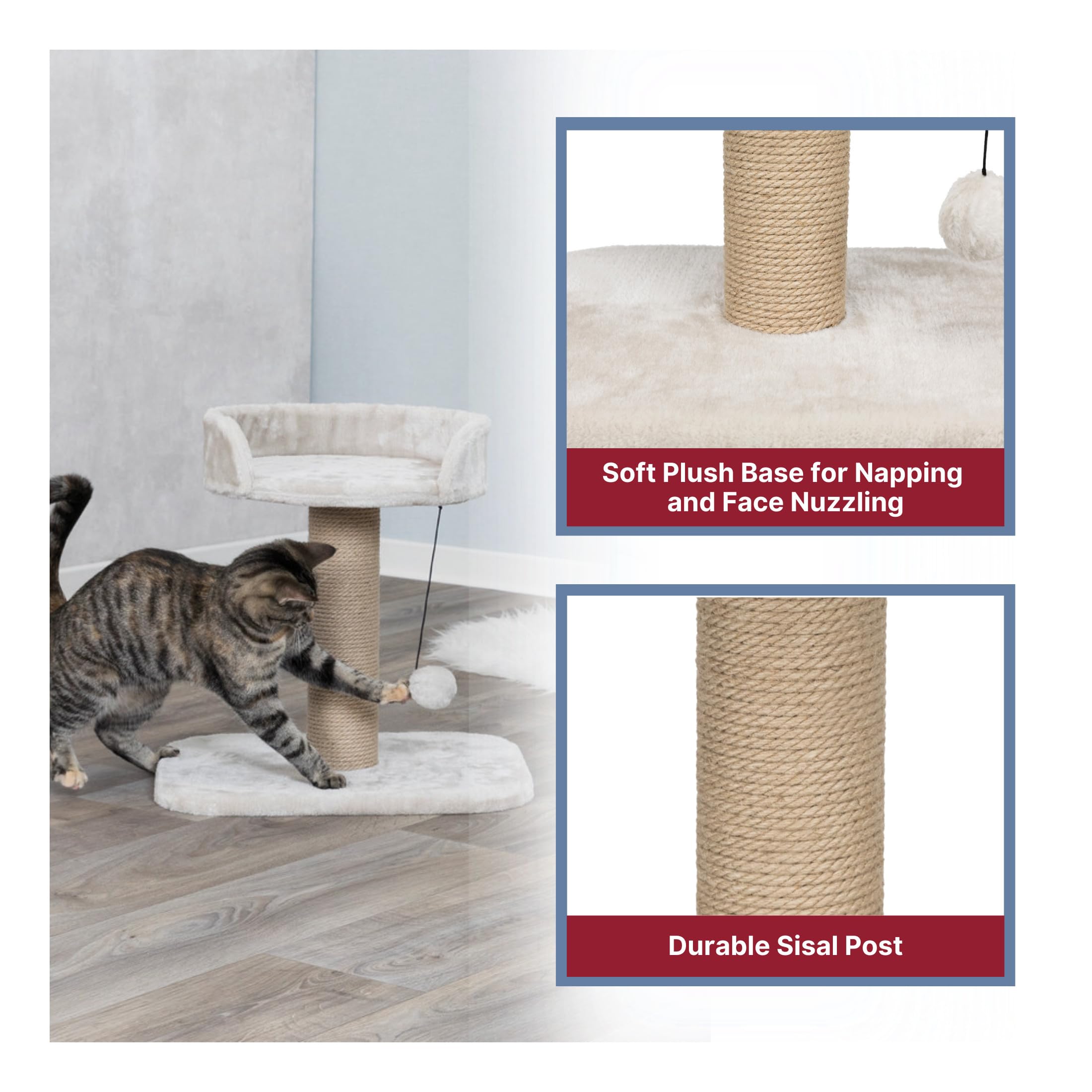 Trixie Mica Cat Scratching Post 18.1 Inch - Cat Scratcher With Soft Fabric Covering Base And Durable Sisal Rope - With Padded Platform & Dangling Cat Toy - In Greige