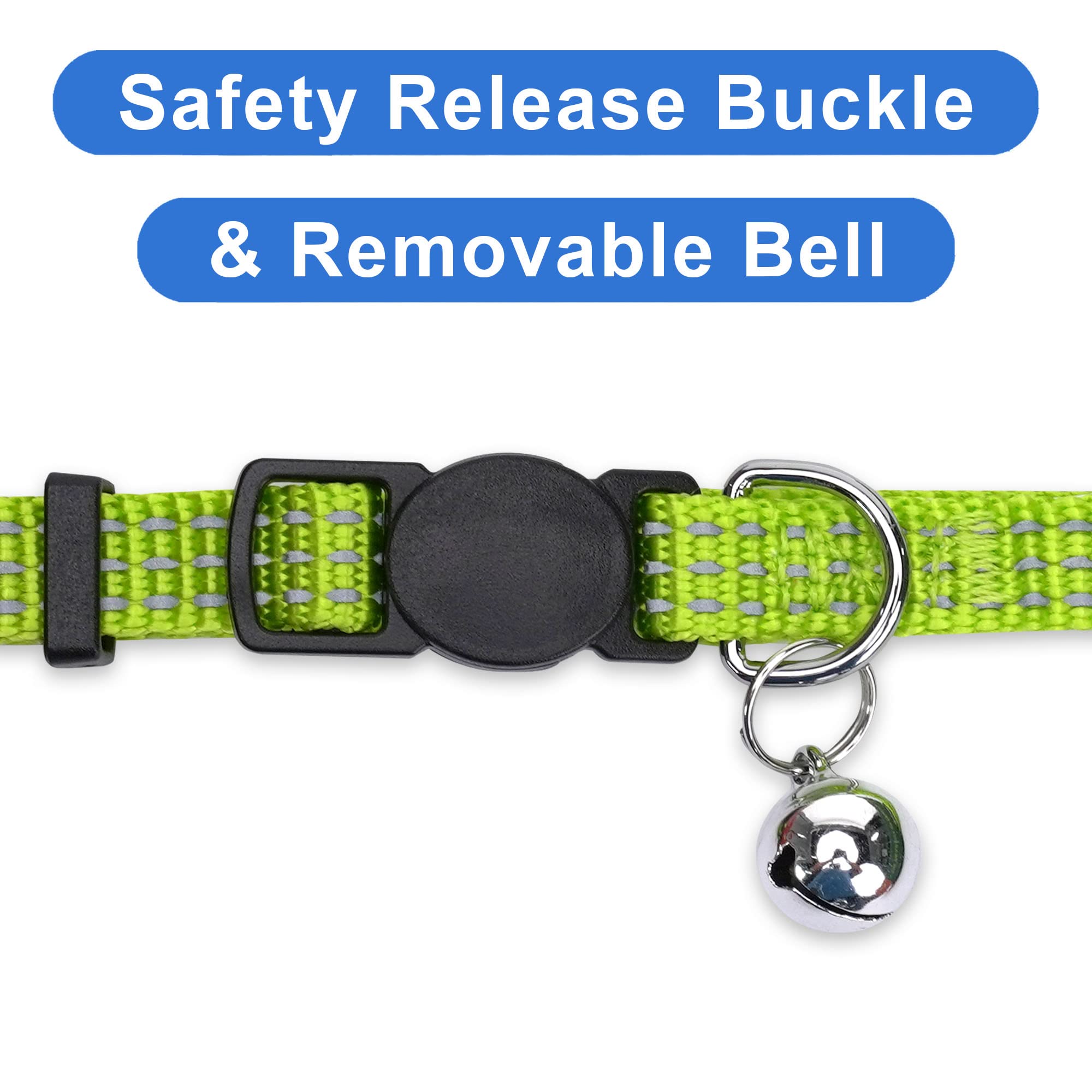 Pawtitas Reflective Cat Collar with Safety Buckle and Removable Bell Cat Collar Kitten Collar Green Cat Collar