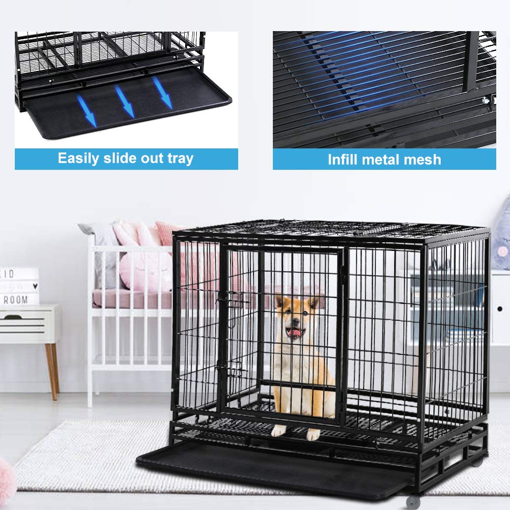 Dog Cage Crate Heavy Duty Sturdy Metal 48/42/36' Large Pet Dog Kennel Fence For Training, Indoor And Outdoor Dog Fence With Lockable Wheels And Plastic Tray And Double Door And Lock Design,Black