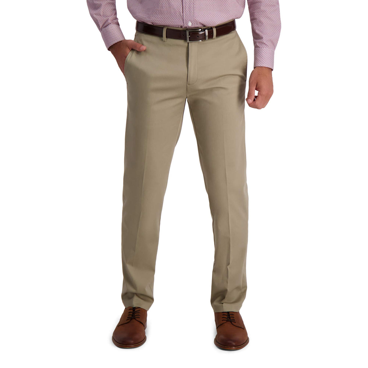 Haggar Mens Iron Free Premium Khaki Straight Fit Flat Front Flex Waist Casual Pants, Medium Khaki, 32W X 34L Us