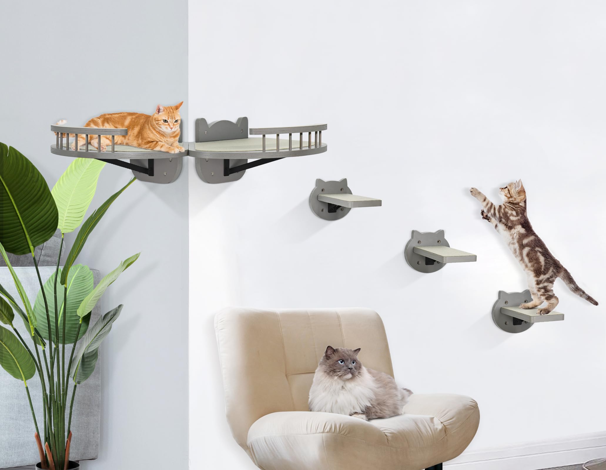 Y&Me Ym Cat Wall Shelves, Cat Shelves And Perches For Wall, Wood Cat Wall Furniture With 3 Cat Wall Steps Cat Scratch Post, Indo