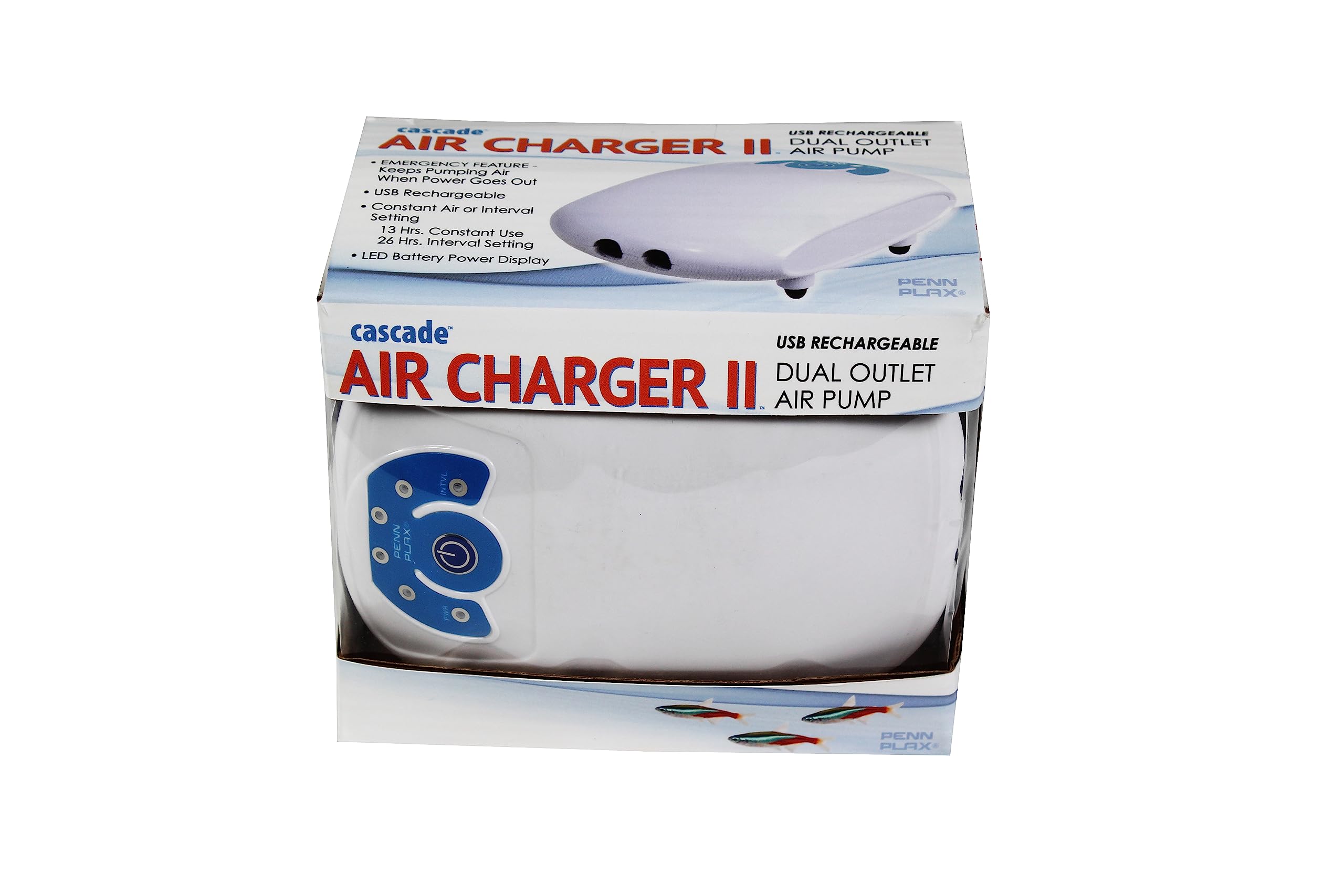 Penn-Plax Cascade Air Charger II - Dual USB Rechargeable Air Pump, 2 Outlets, Multicolor, Metal - Ideal for Everyday and Emergency Use