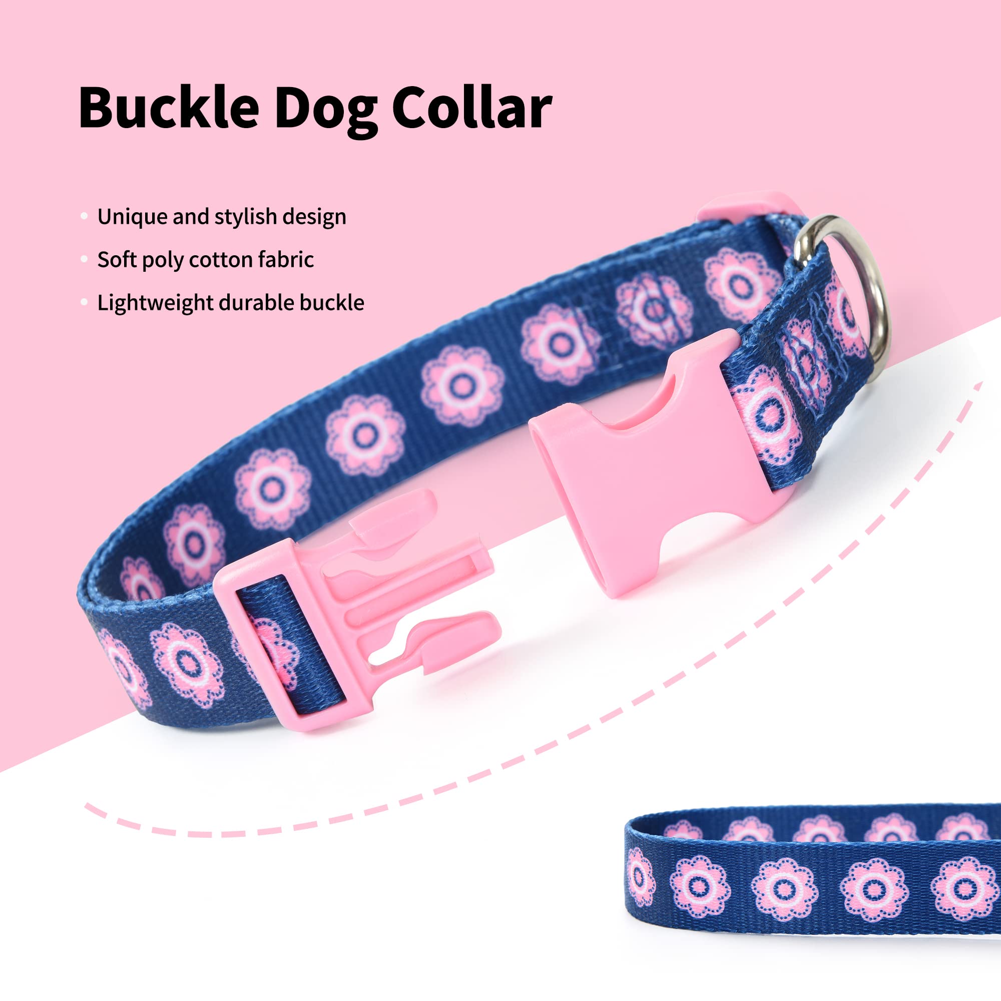 Mile High Life Dog Collar | Cute Puppy Collars | Lightweight Girl Dog Collar | Soft Boy Dog Collars | W Geometric Plaid Wave Line Pattern (Pink Flower, Small)