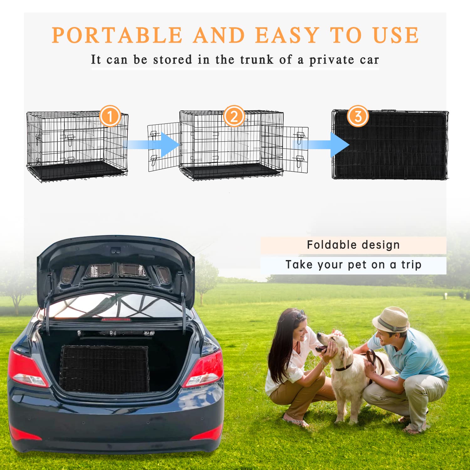 Large Dog Crate, 42 Inches Double Door Pet Crate Folding Metal Wire Dog Cage Pet Dog Kennel With Divider Panel, Leak-Proof Plast