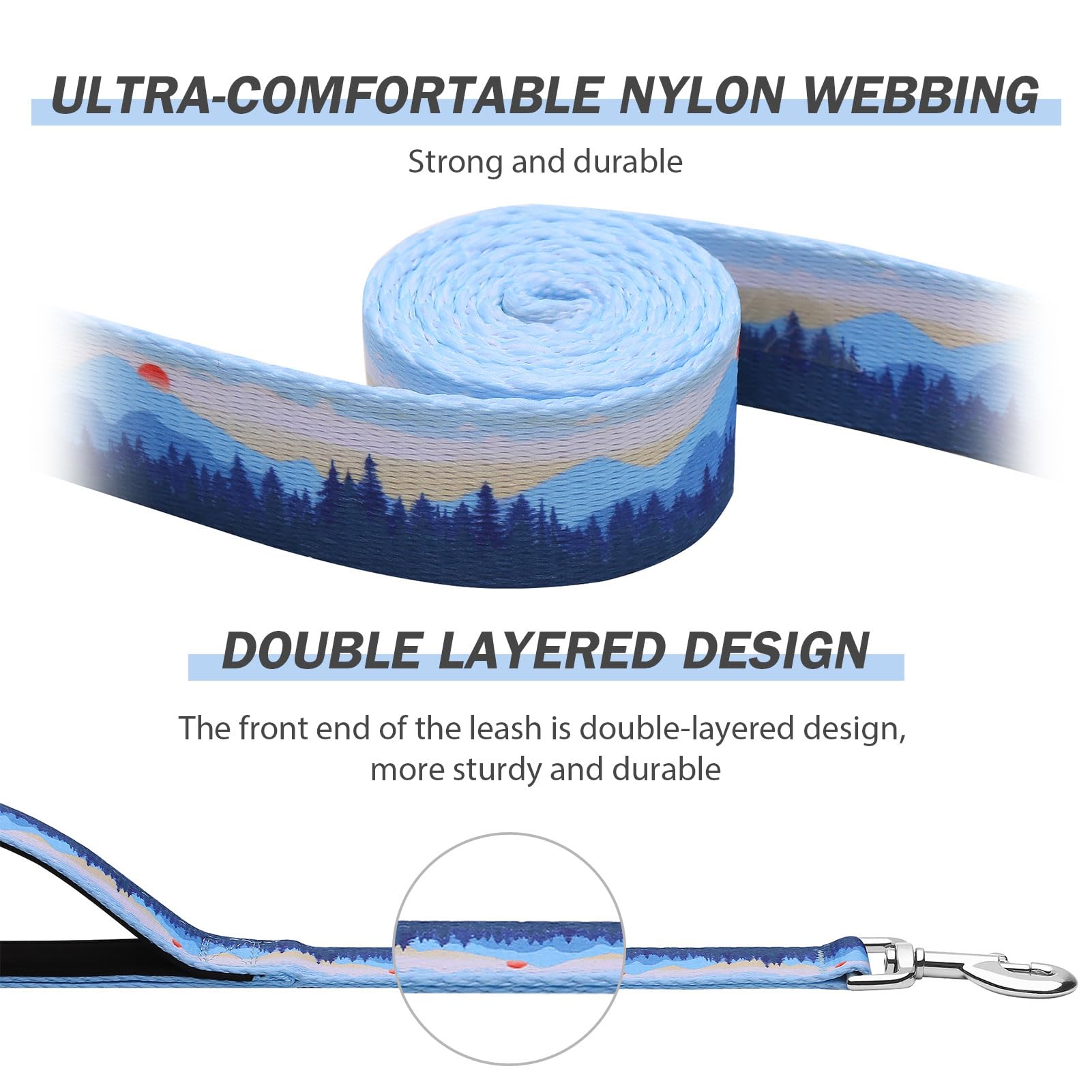 Hikiko Double Handle Dog Leash 6 Foot Strong Nylon Padded Traffic Handles For Walking Training (Blue Hill)